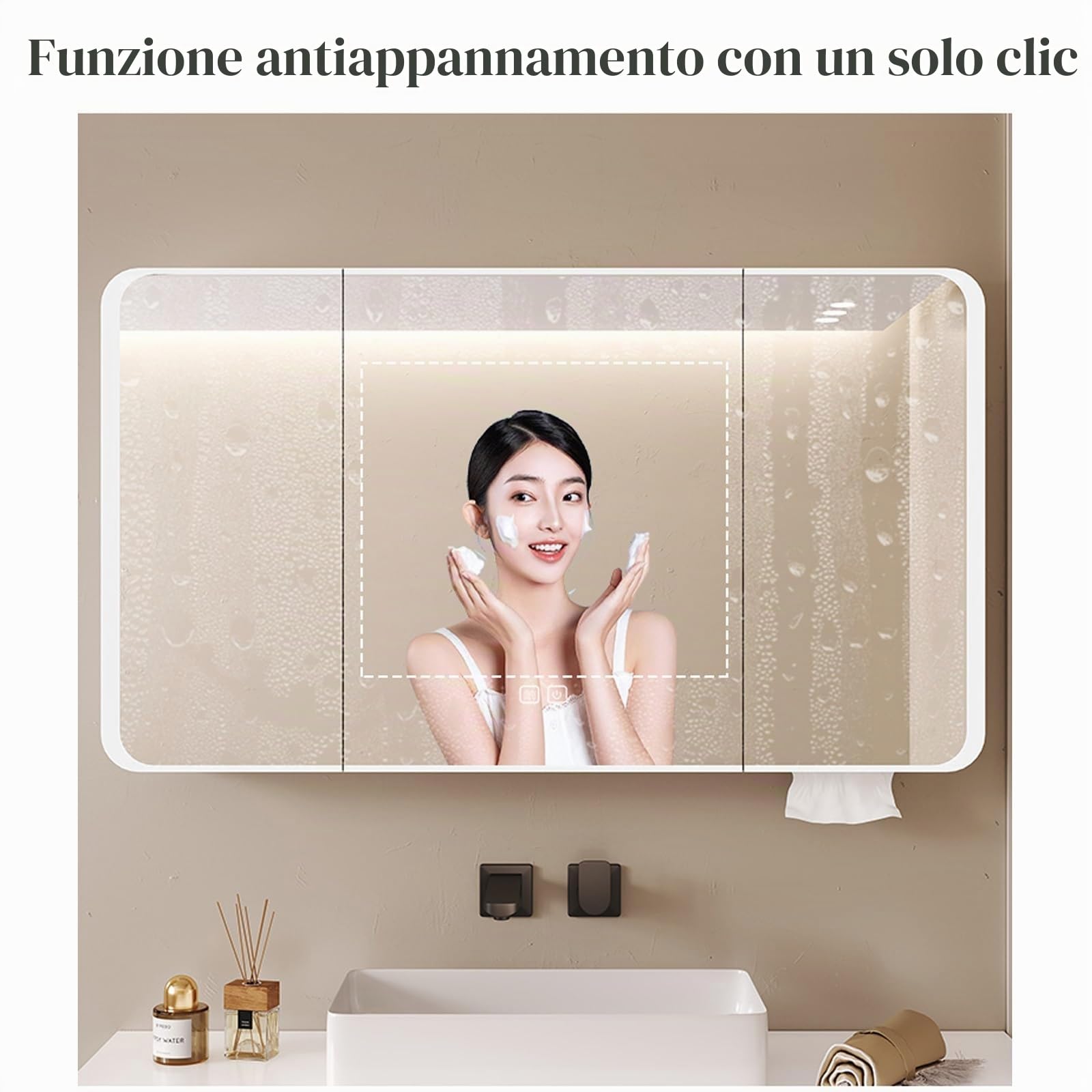 Armadietto da bagno moderno con specchio a LED con tecnologia anti-appannamento, montaggio a parete, design slish e funzionale, per spazi contemporanei