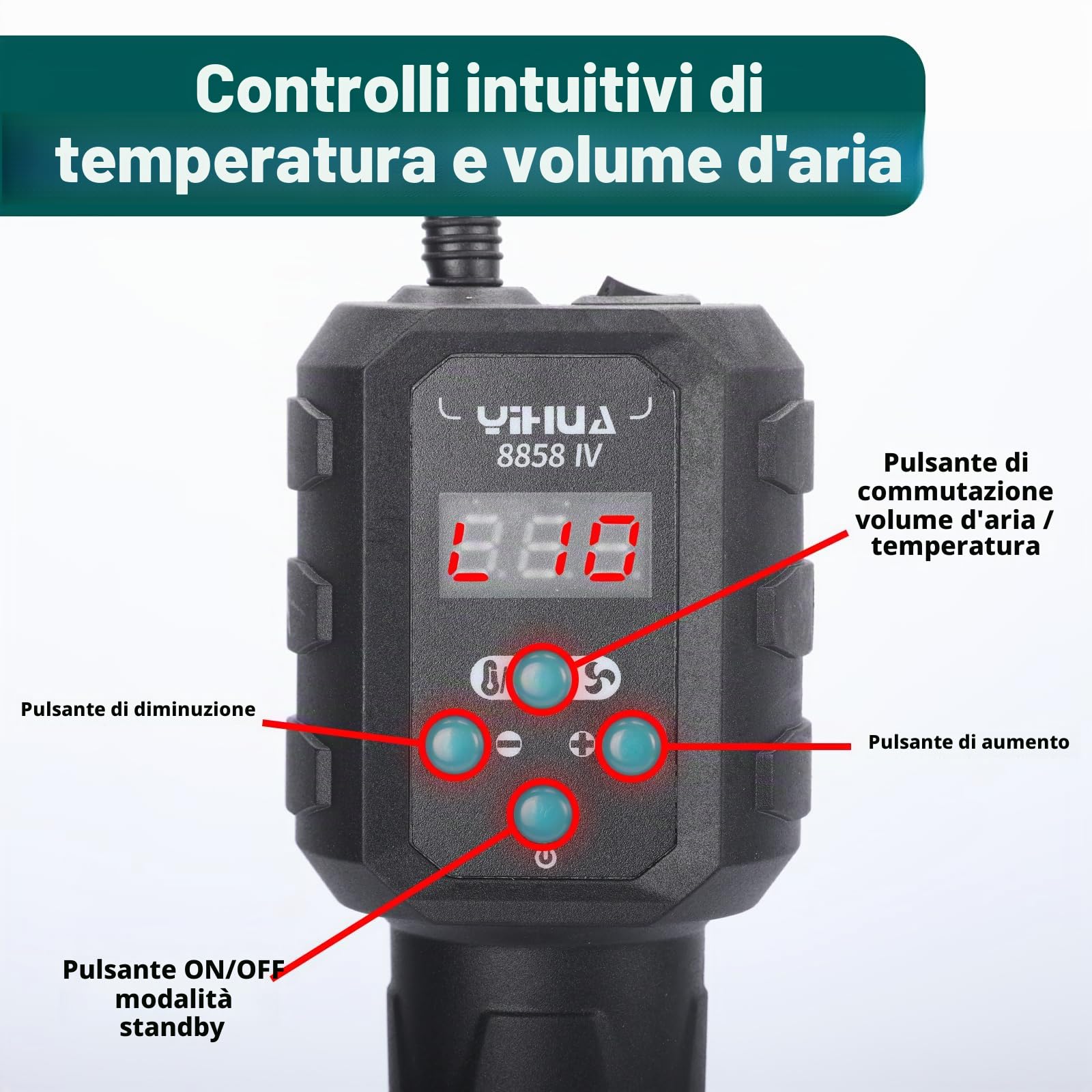 YIHUA 8858-IV Pistola termica per crafting, saldatura elettronica, fai-da-te, termoretraibile con funzione di controllo della temperatura e del volume d'aria, modalità standby manuale