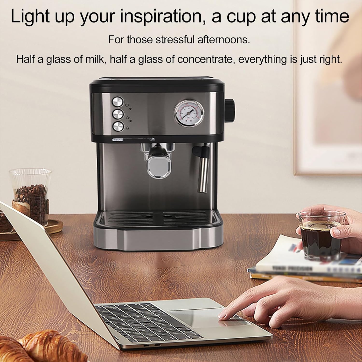 LISHAOHU Cappuccino Machines For Home, Espresso Semi-automatic Coffee Maker, Coffee Maker Espresso Machine With 20 Bar High Strength Pressure And Milk Froth Steam Wand, Top Can Warm Cups 3