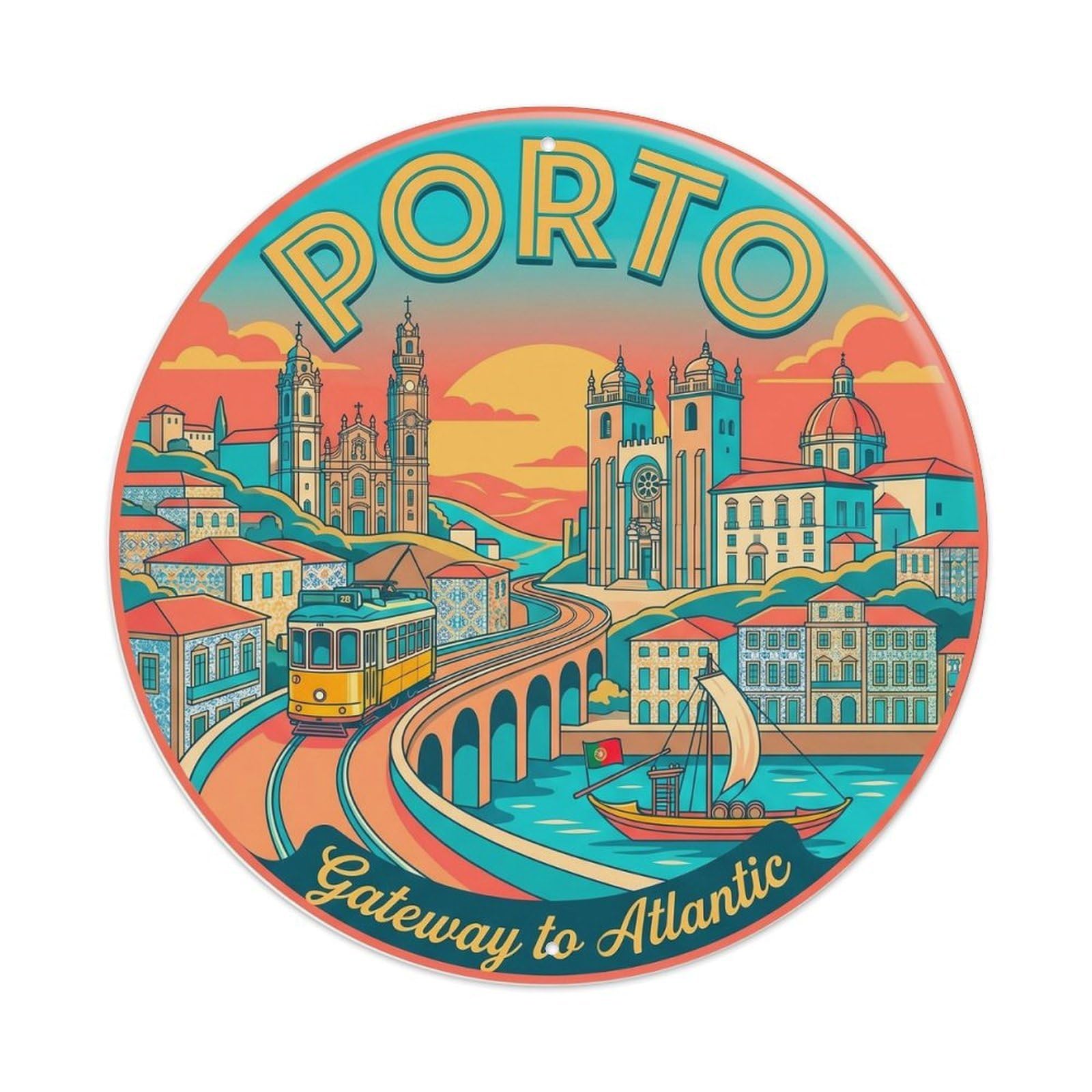 Vintage Travel Portuguese Coastal Heritage Metal Tin Sign Plaque Wall Decor for Cafe, Club Bar, Office, Home Garden Round Metal Poster 8x8Inch
