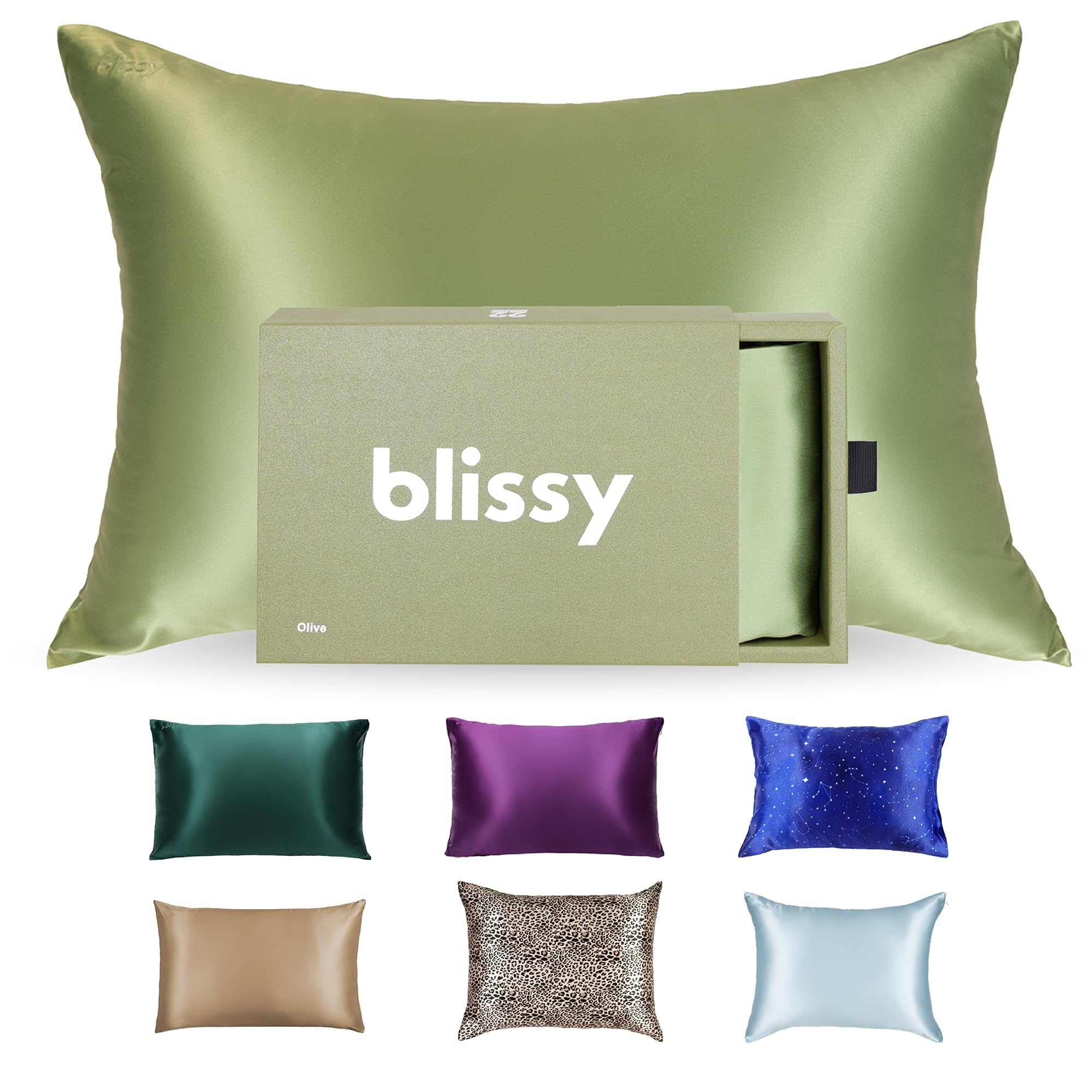 Blissy Silk Pillowcase - 100% Pure Mulberry Silk - 22 Momme 6A High-Grade Fibers - Silk Pillow Cover for Hair & Skin - Regular, Queen & King (Olive, Standard)