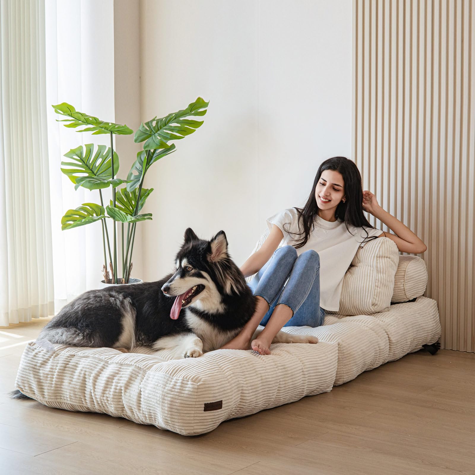 MAXYOYO Faltbares Schlafsofa umwandelbarer Schlafsessel mit Kissen, Matratze mit Rückenstütze, tragbarer Stuhl-Bett-Komfortable Bodensofa-Lounge für Wohnzimmer Schlafzimmer, Beige