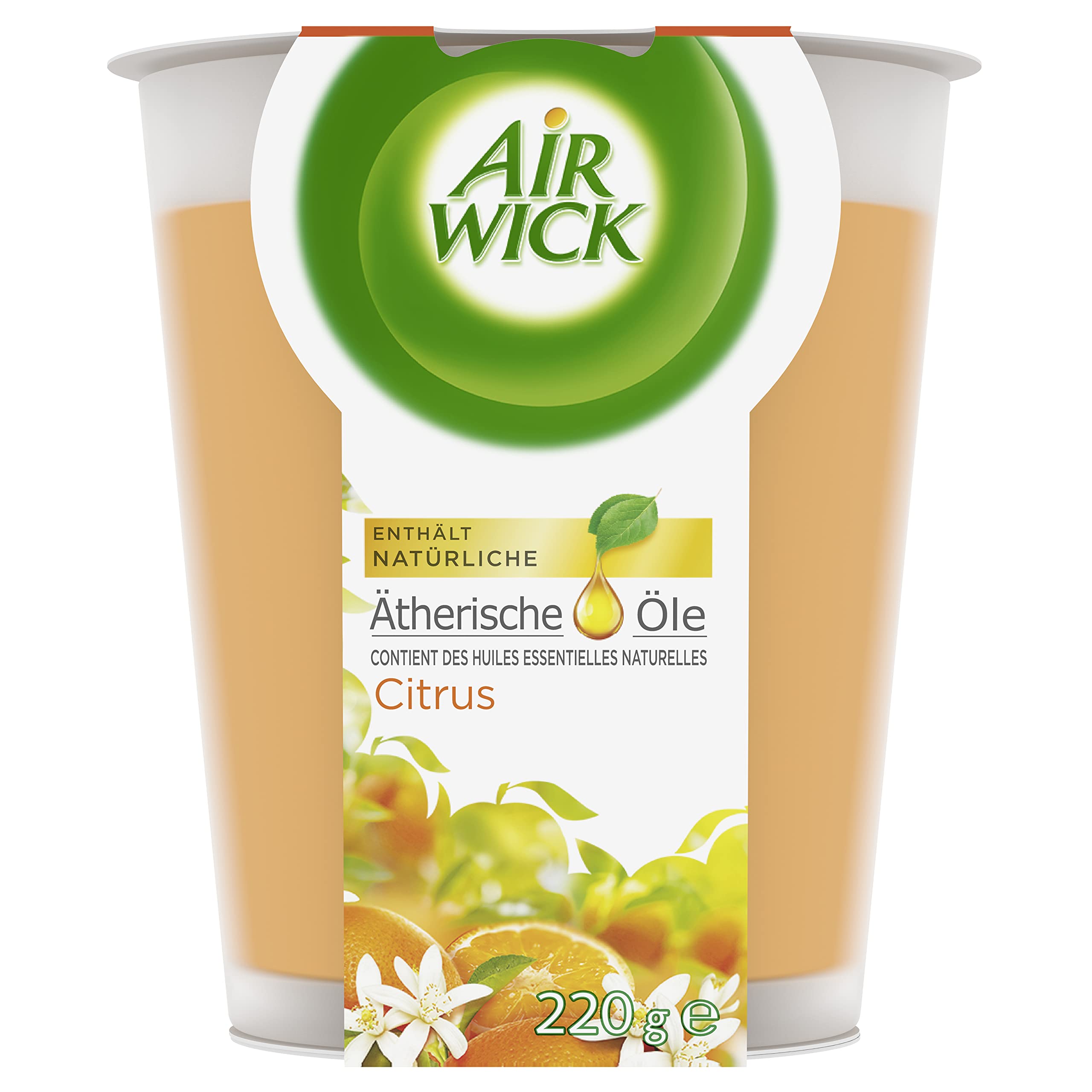 Air Wick Vela perfumada XL en tarro – Fragancia cítrica – Hasta 40 horas de combustión – Contiene aceites esenciales naturales – Vela perfumada de 220 g