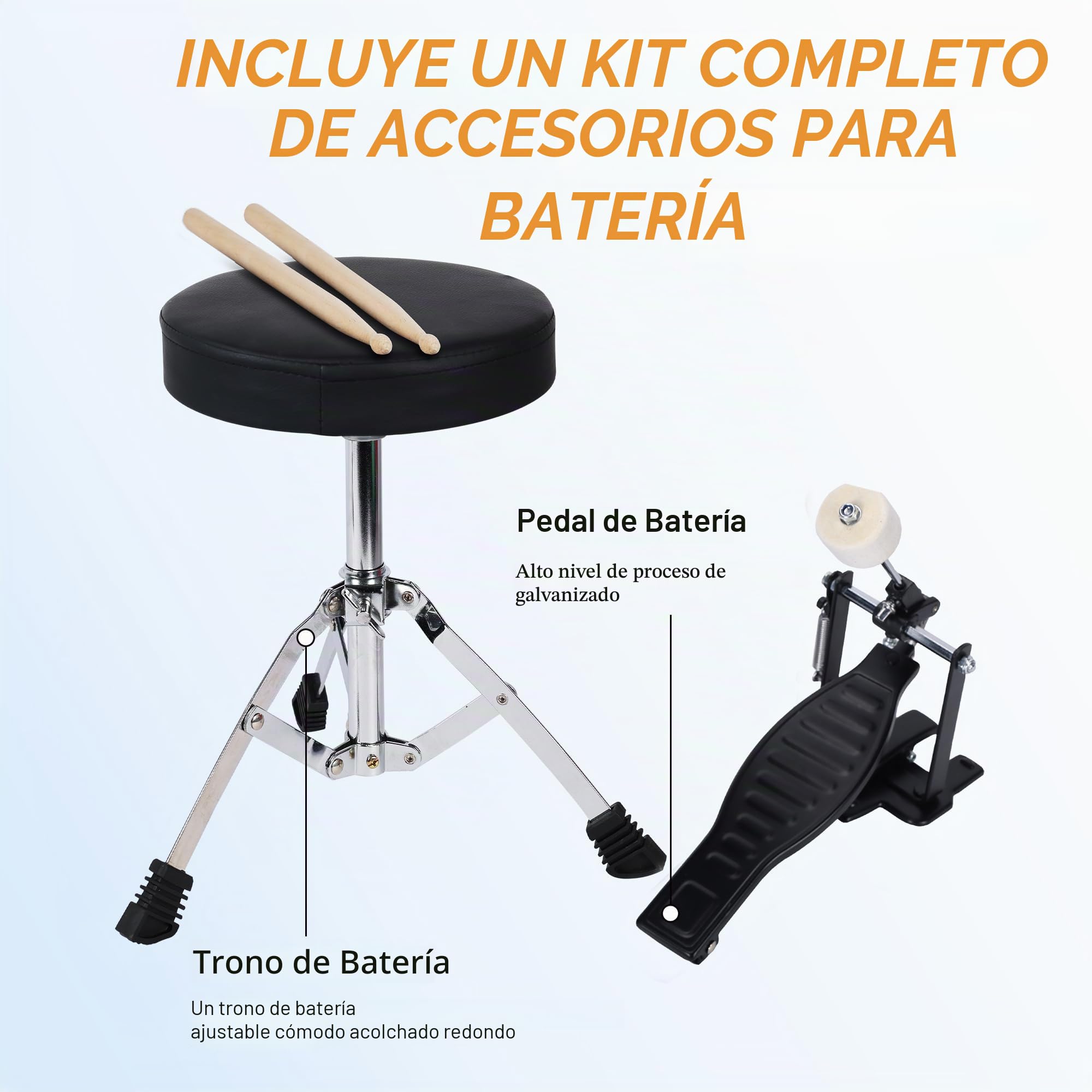 Lexington Batería infantil de 3 piezas, juego de batería para niños con caja, tom, bombo, pedal de bombo, trono, platillos, baquetas, negro, azul, rojo