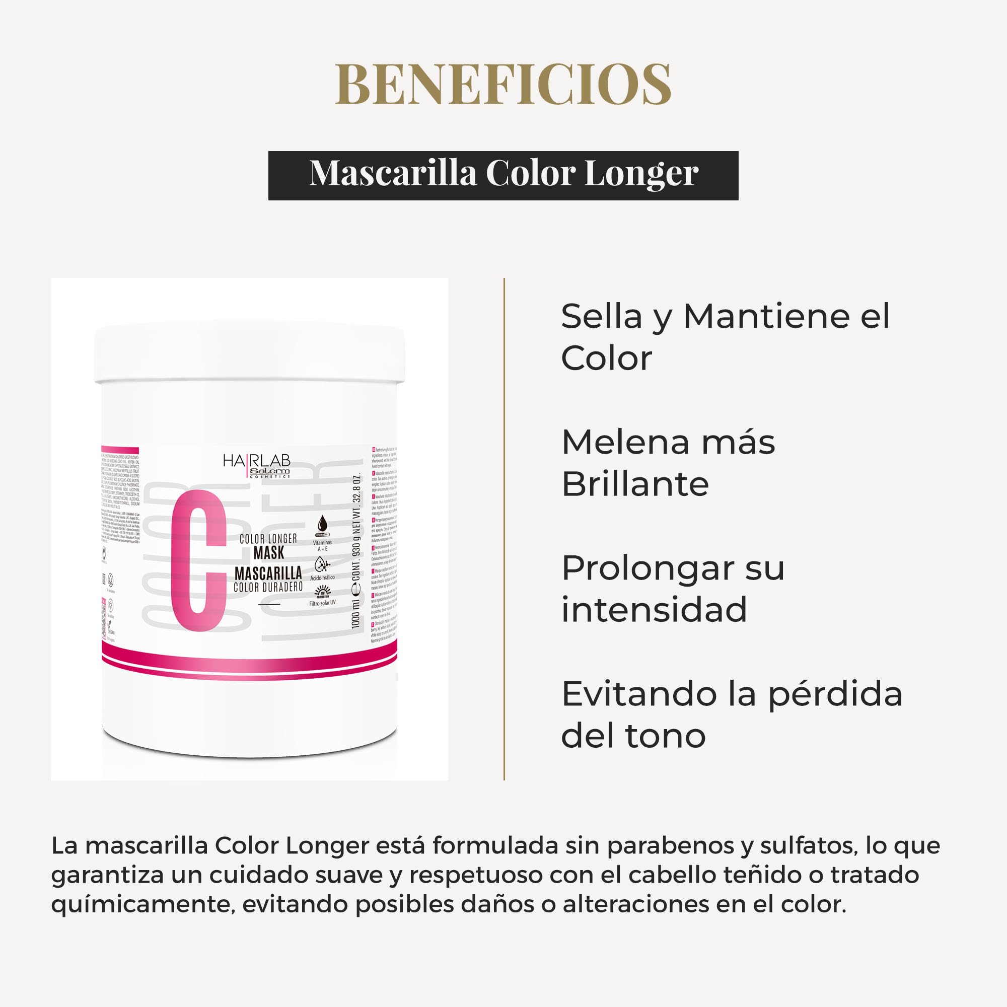SALERM - Mascarilla Pelo Teñido, Decolorado o con Canas - Color Longer Hair Lab - 1000 ml - con Vitaminas A y E - Sella y Mantiene el Color - Melena más Brillante - Sin Sulfatos ni Parabenos