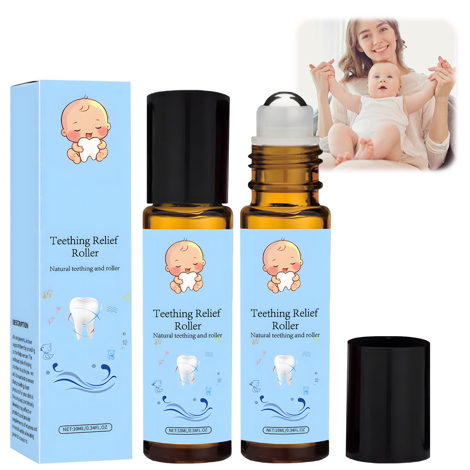 hommova 2 Pcs Teething Roller, Natural Teething Oil for Discomfort Relief Baby, Transparent color