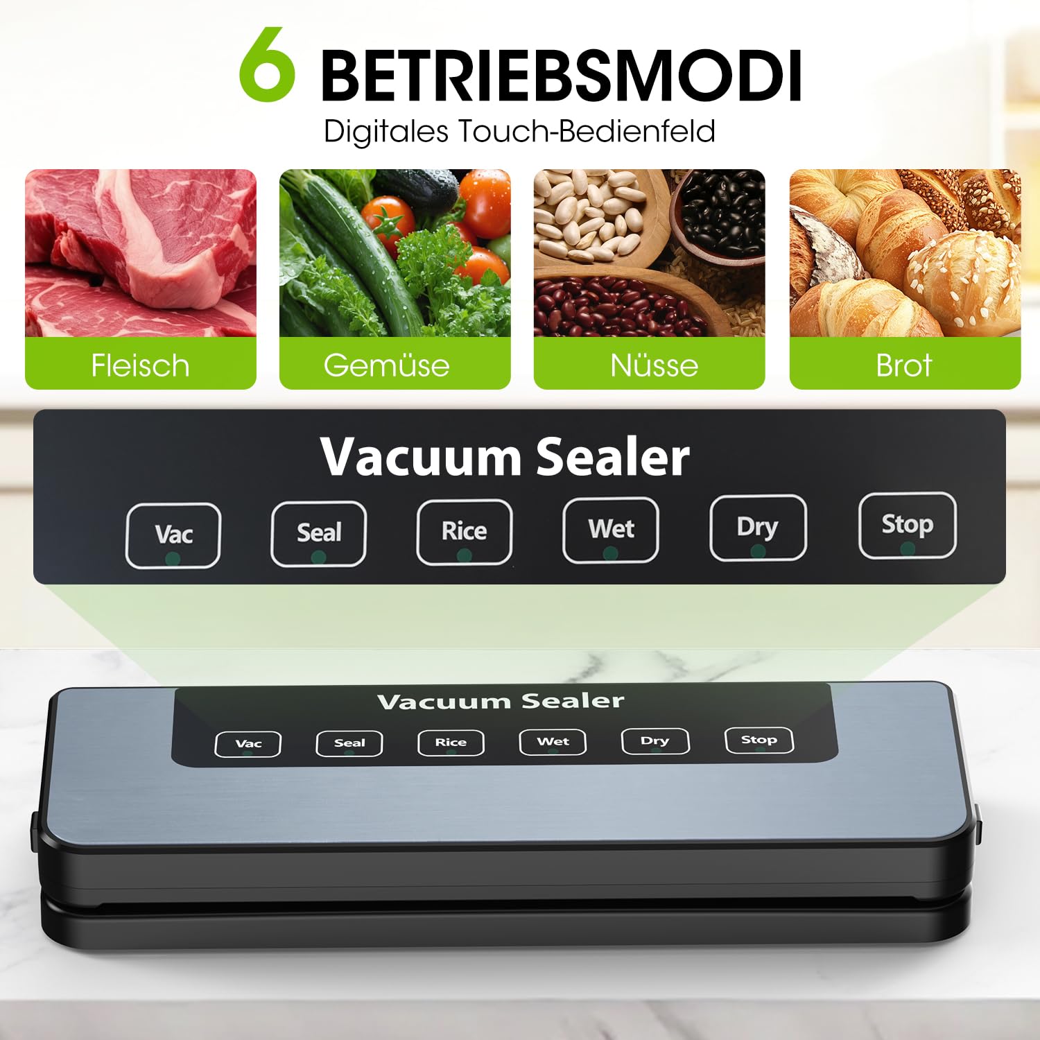 Vexloria Máquina de Vacío 65Kpa, 5 en 1 Conservación de Alimentos | Modos Seco y Húmedo | 30 Bolsas de Vacío Incluidas | Vakuumizador Profesional para Alimentos, Negro