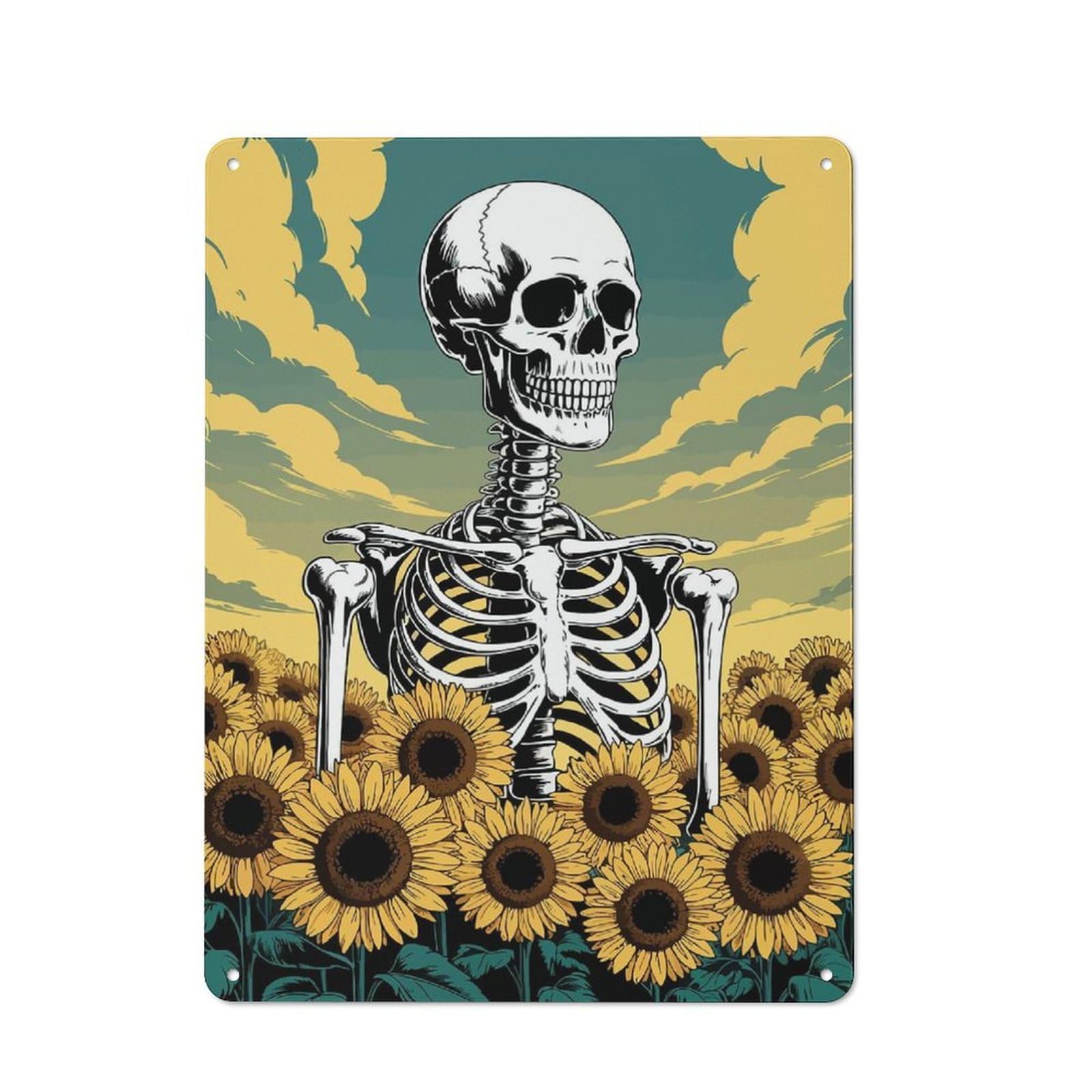 Junmoney Skeleton In Sunflower Field Illustration Tin Wall Plaque 40X30cm With For Studio Or Craft Room, For Cooler-Season Styling In Studio And Craft Room