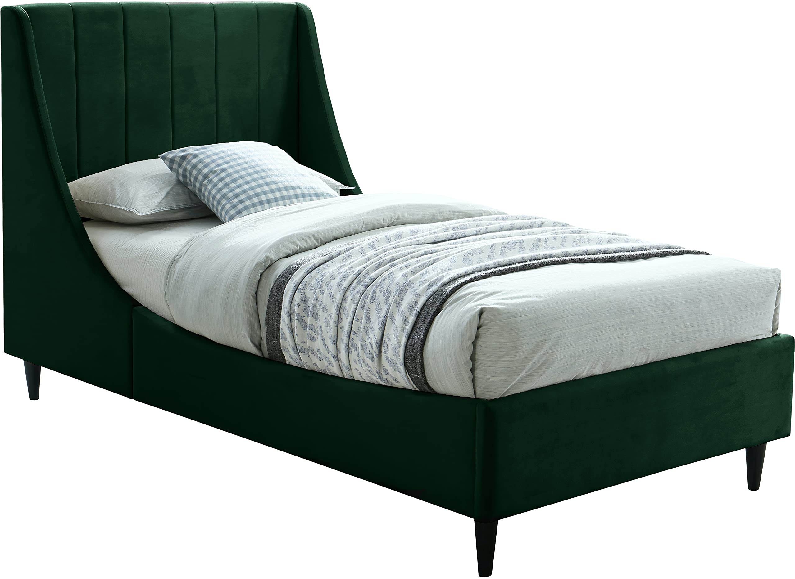 Meridian FurnitureEvaGreen-T Eva Collection Modern | Contemporary Velvet Upholstered Twin Bed, Black Wood Legs, Deep Channel Tufting, Wing Back Headboard, 43" W x 81.5" D x 48" H, Green, Twin