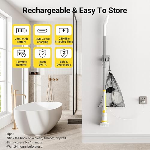 Miniatura 6 de StarVal Depurador eléctrico giratorio, limpiador de ducha eléctrico con mango largo, 2 velocidades, 3 ángulos ajustables, 8 cabezales de cepillo de