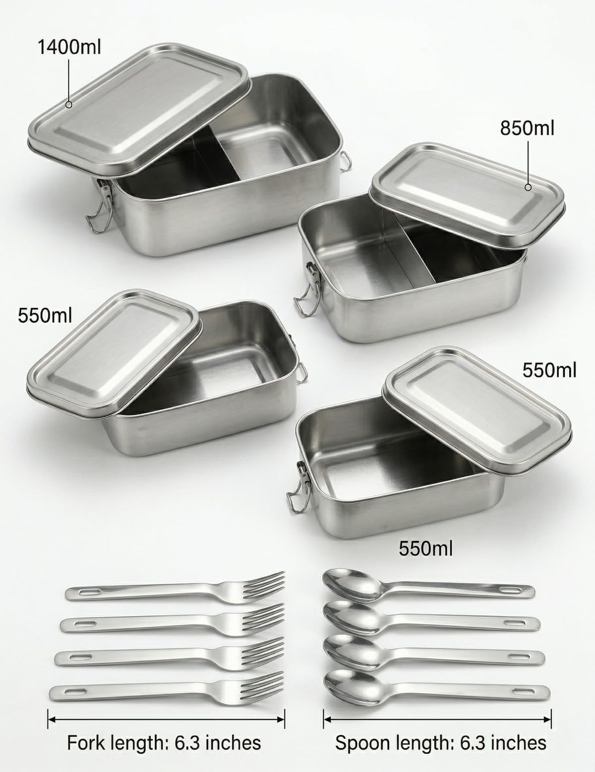 Zestaw 4 pudełek śniadaniowych ze stali nierdzewnej (1400/850/2 x 550 ml) + 8-częściowy zestaw sztućców, szczelne, pudełko na lunch ze stali nierdzewnej, pojemnik na żywność ze stali