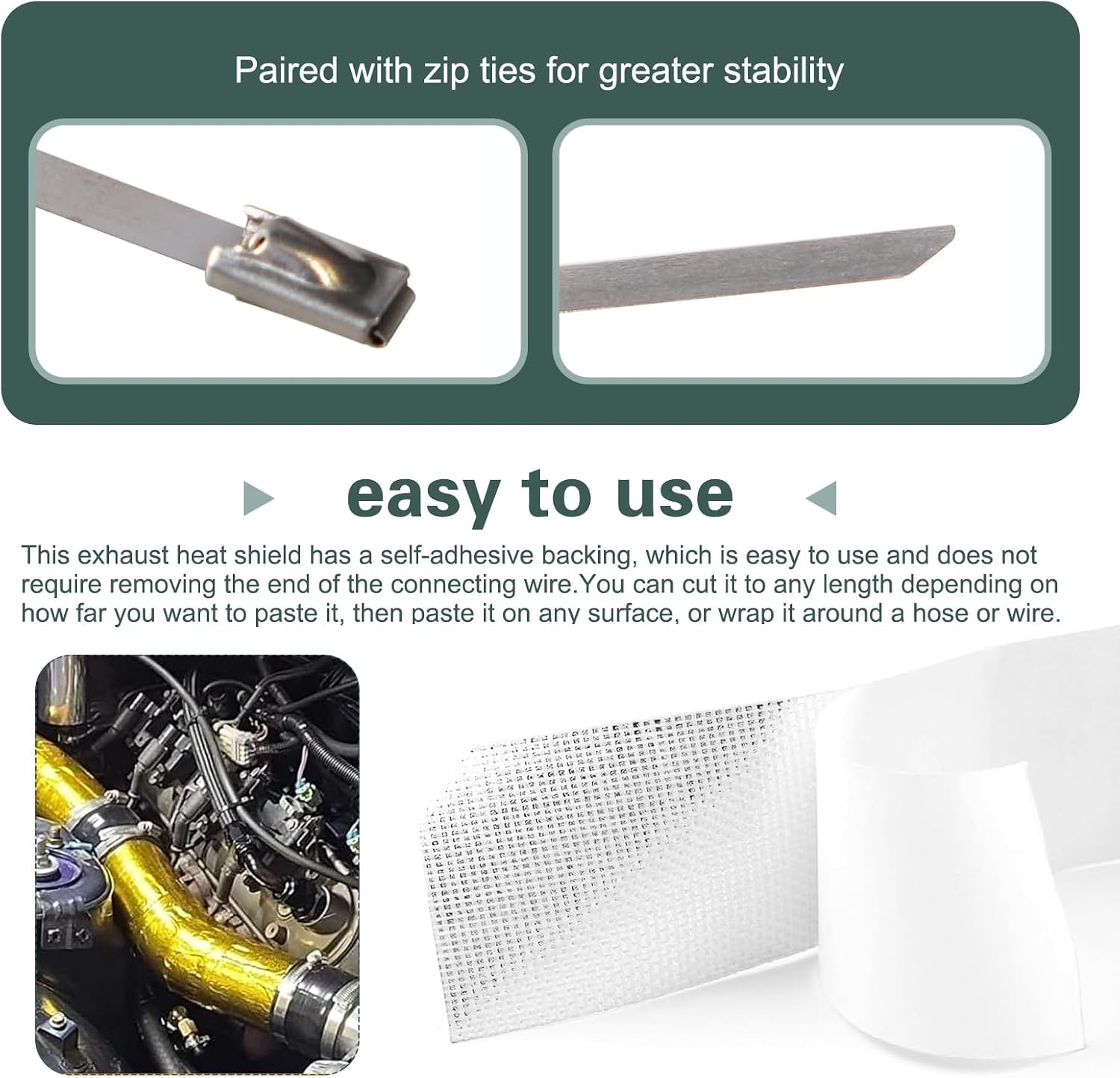 Gold Adhesive Heat Shield Reflective Tape, Car Heat Shield Wrap Roll, Adhesive-Backed High-Temperature Reflective Protection Wrap, Cuttable Insulation Tape for Engine Bay & Intake Pipe