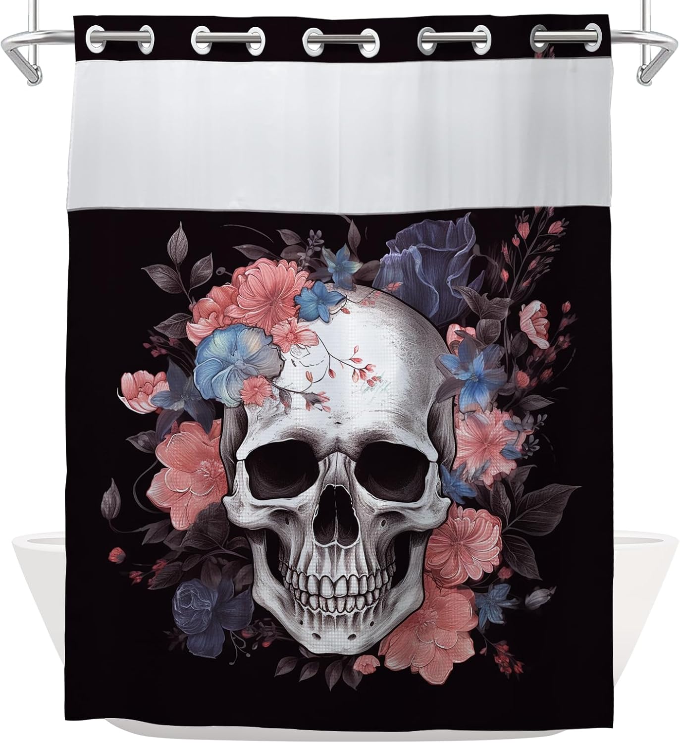 TheBlackSpot Halloween Floral Sugar Skulls Shower Curtain Halloween Set No Hook Required Hotel Style with Snap in Liner Double Waterproof Machine Washable Detachable Bathroom Decor 72" W x 74" H