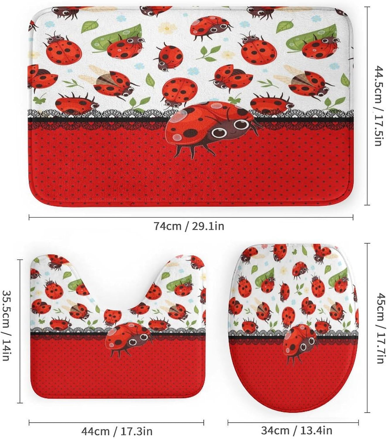 Brebasf Cute Cartoon Animal Ladybug 4 Pieces Shower Curtain Set,Abstract Modern Art Spring Forest Green Leaf Ladybugs Non-Slip Rugs Toilet Lid Cover Bath Mat and Bathroom Curtain