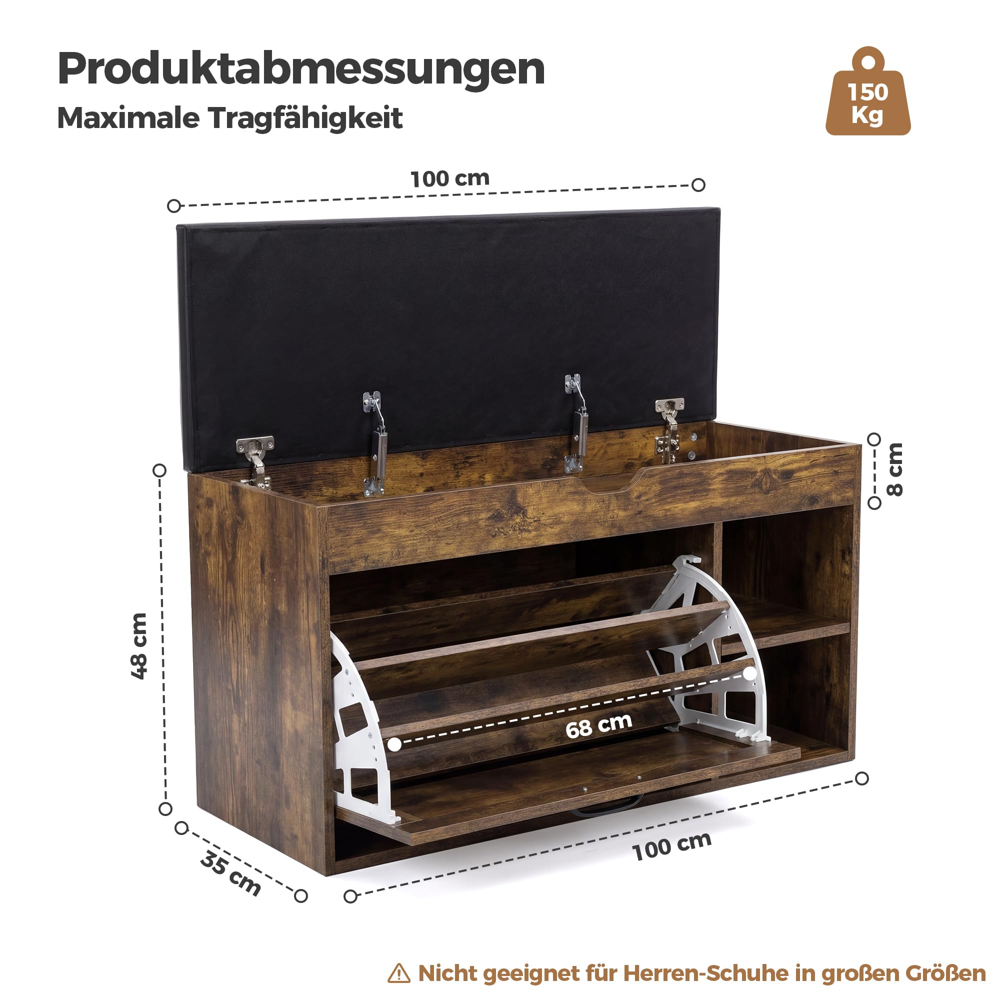 BonVache Schuhbank mit Sitzfläche, Sitzbank mit Stauraum, Schuhbank mit 3 Fächern, Fach unter Sitzkissen, verstellbare Regale, Schuhregal für Wohnzimmer, Flur, bis 150 kg belastbar, Vintagebraun