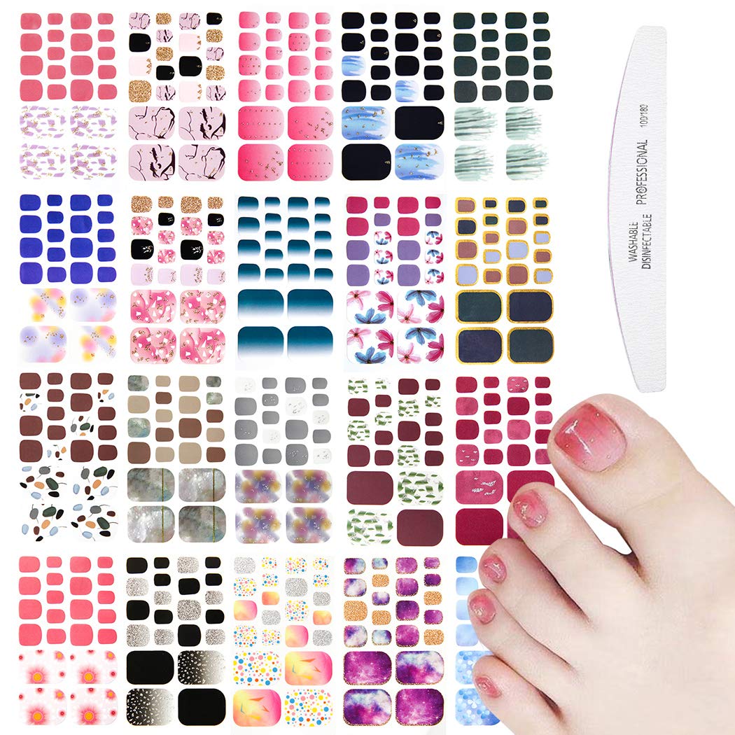 WOKOTO20 Sheets Gradient Toe Nail Polish Strips And Stickers And 1 Nail File Kit Colorful 22 Tips Per Sheet Glitter Toenail Nail Polish Stickers Wraps For Women Nail Salon Manicure Set