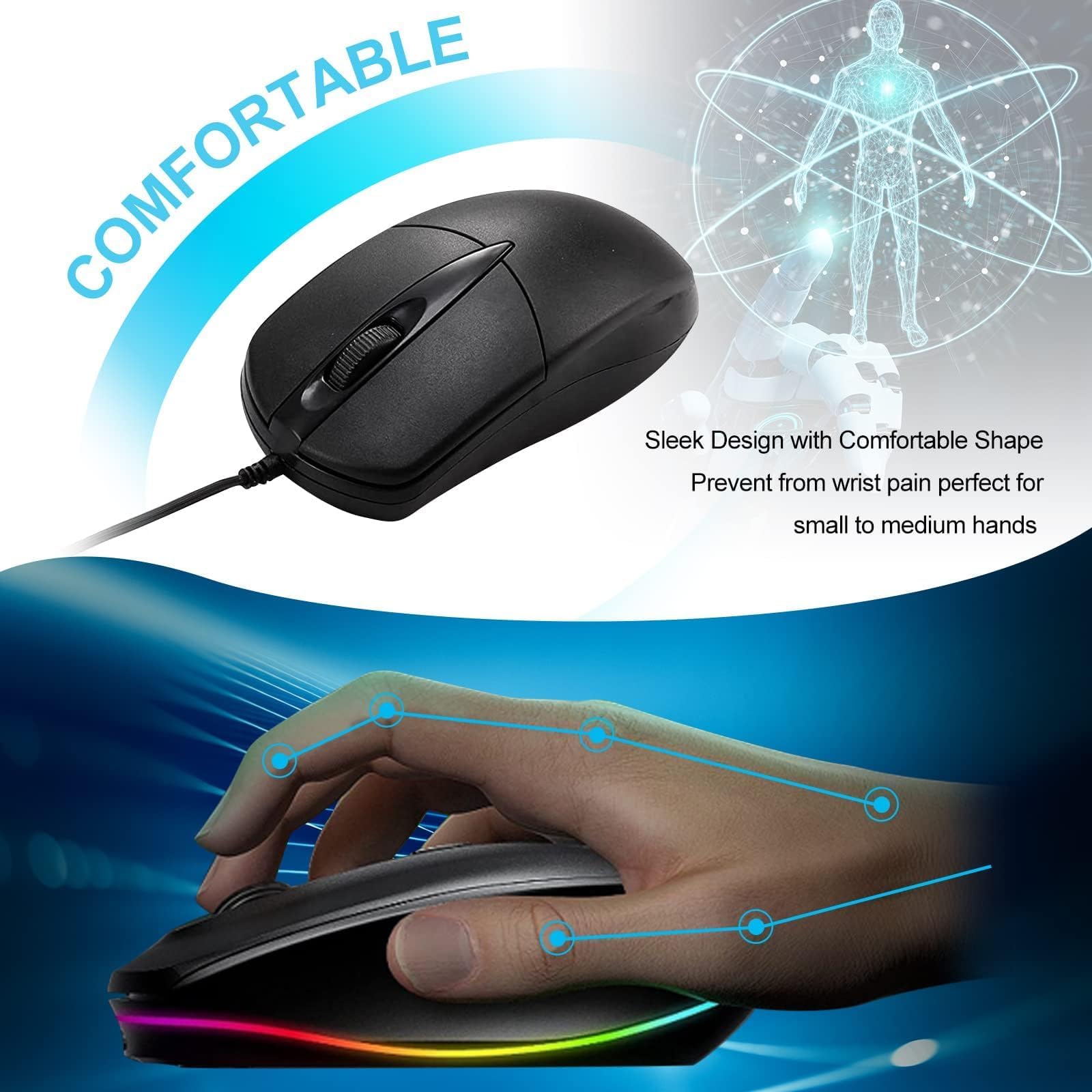 40 ratones negros con cable USB de 1000 DPI con cable de 3 botones con cable para oficina en casa, silencioso, simple, USB para computadora, laptop, PC de escritorio (negro 40)