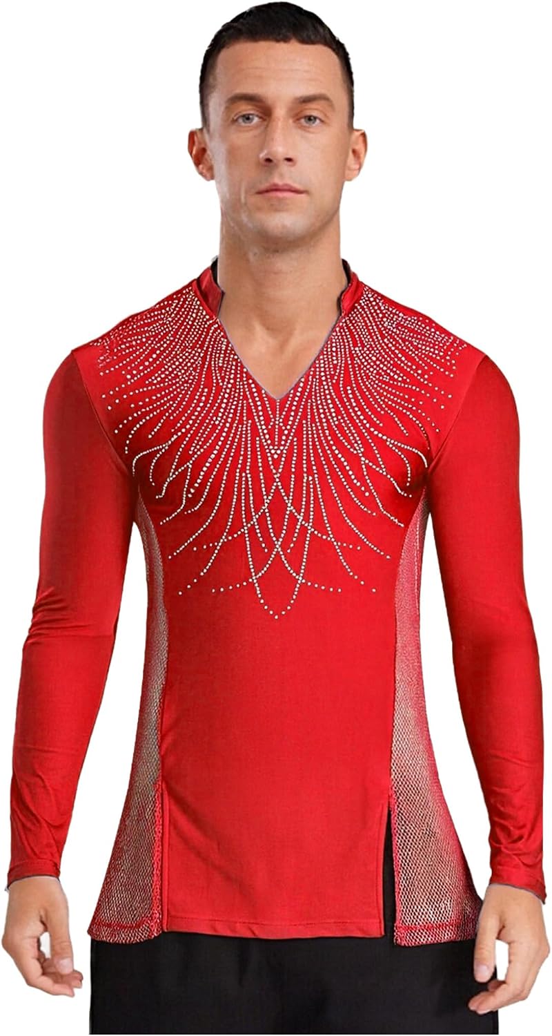 Jan Jean Men Latin Dance Shirt Long Sleeve Sheer Mesh Patchwork Shiny Rhinestones Performance Competition Costume