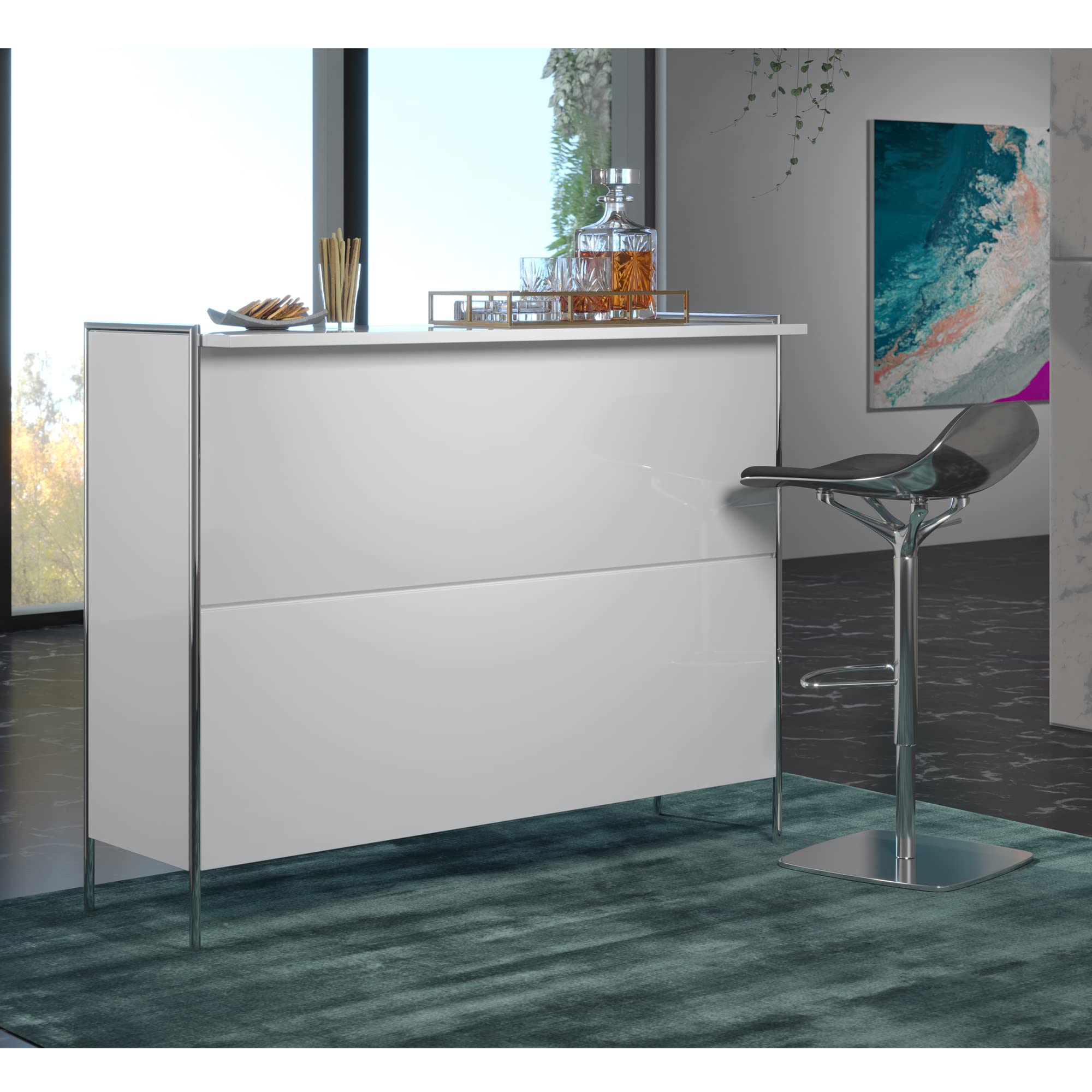 trendteam smart living - Infinity - Bartisch - Weiß Hochglanz lackiert - Hausbar mit 6 Fächern und 8 Weinfächern - (BxHxT) 140 x 109 x 48 cm - Bartresen mit Chromrahmen