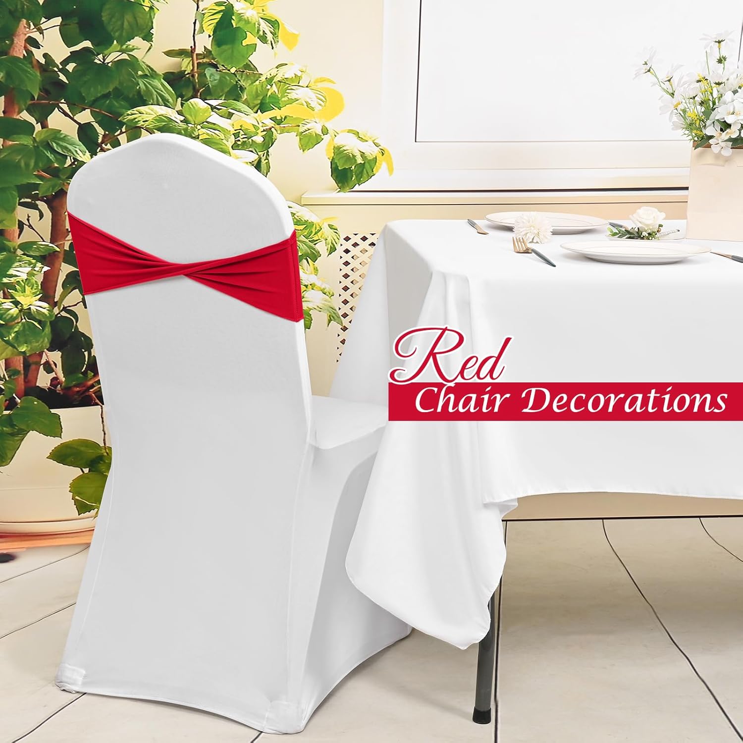 Pesonlook 100 Pack Elastane Chair Sashes Bows Stretch Elastic Red Dining Chair Bands Ties Without Buckle Chair Decorations Cover Bands for Wedding, Party, Ceremony Banquet