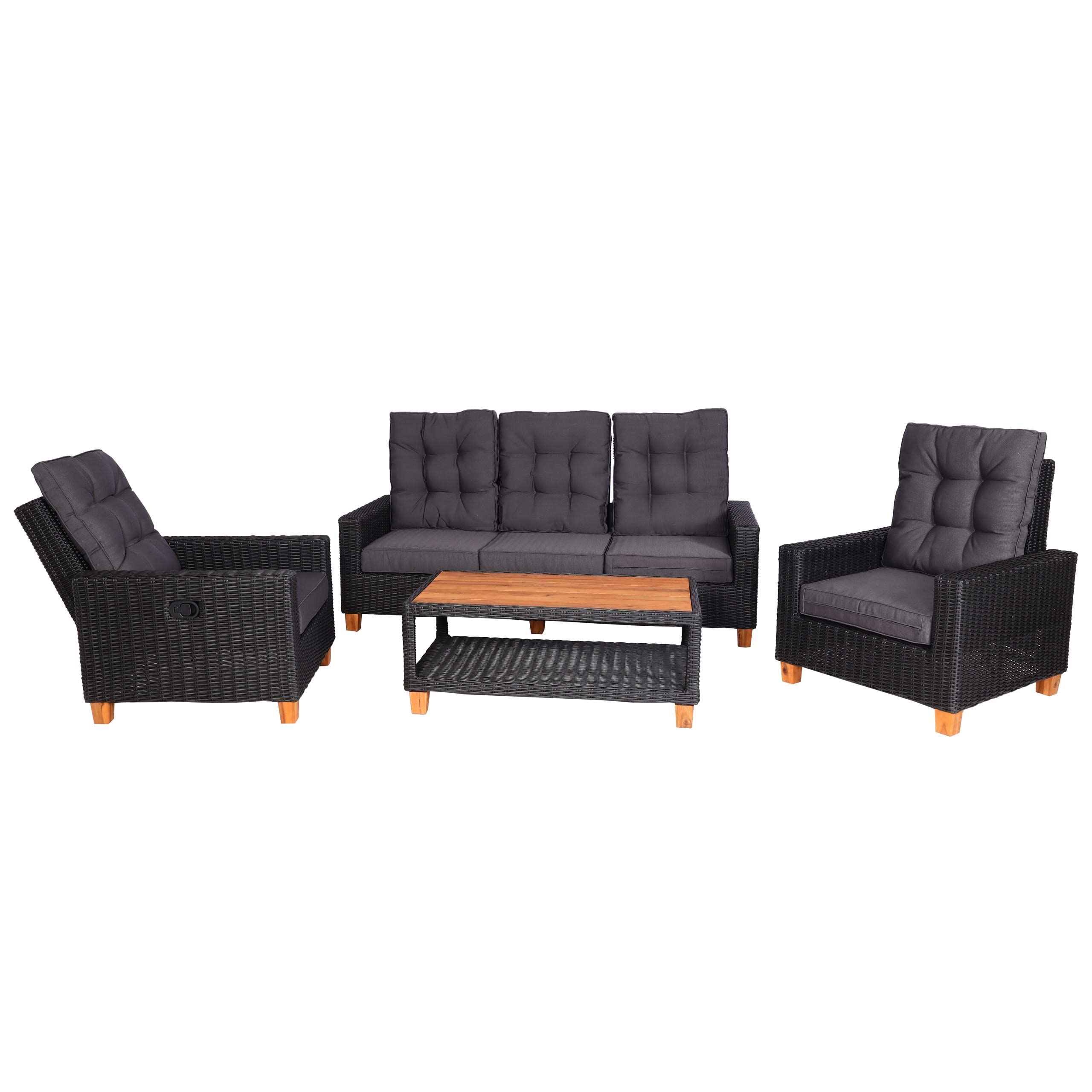 Mendler Gartengarnitur HWC-G28 Akazie - anthrazit, Kissen grau | Sitzgruppe, Lounge-Set, Holz, halbrundes Rattan, verstellbar MVG
