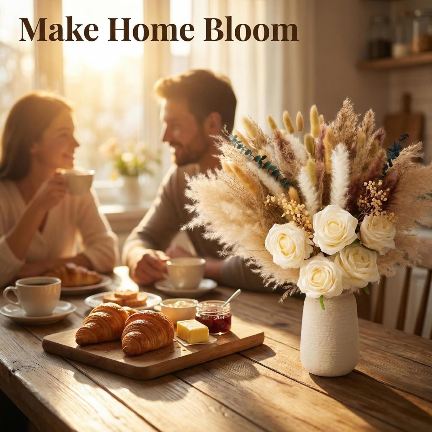 100pcs Artificial Flowers Arrangement with Vase, Fake Flowers Silk Roses in Vase, Coffee Table Decorations,Boho Dried Pampas Grass, Dining Table Decor, Floral Centerpieces for Tables, Centro de Mesa
