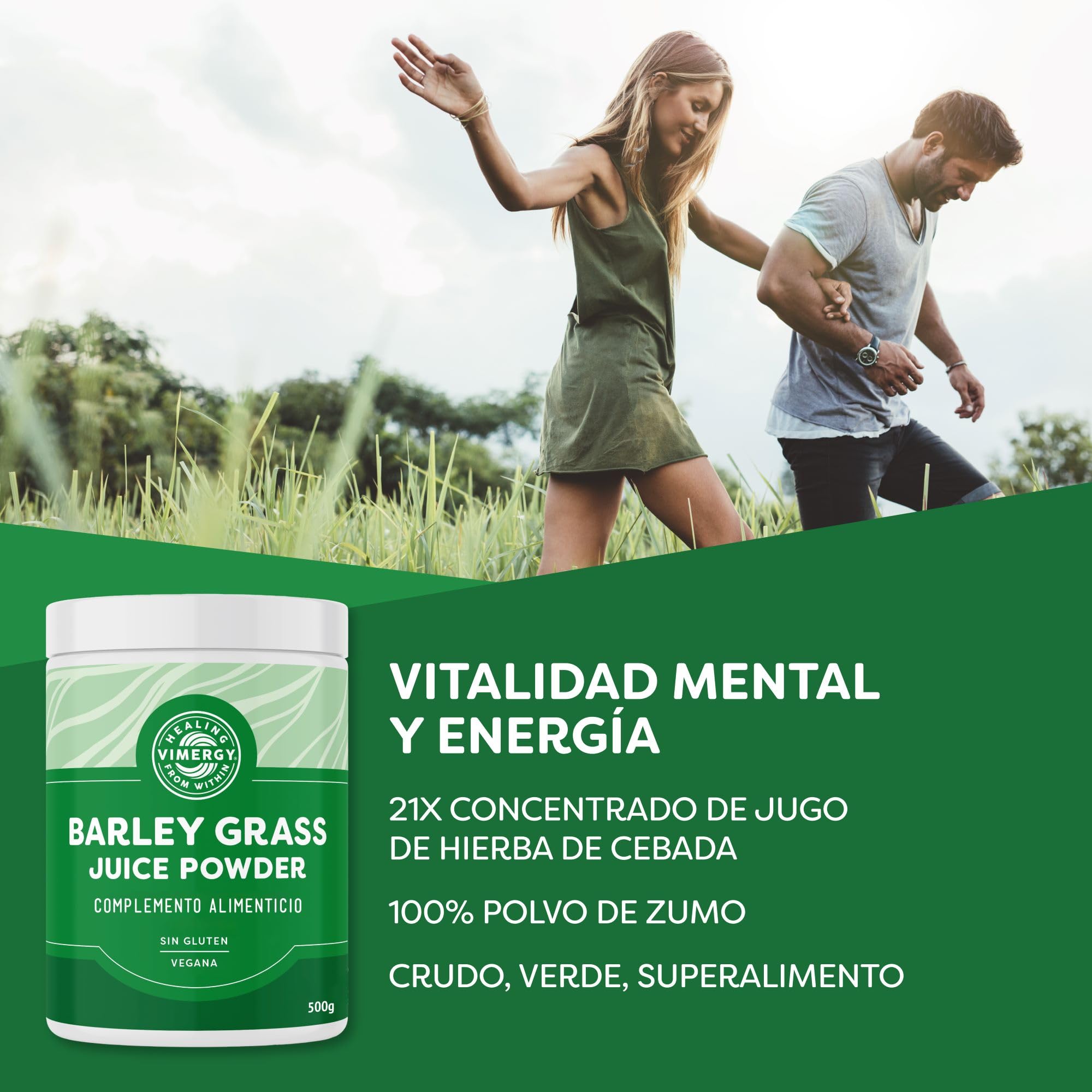 Vimergy Barley Grass Juice Powder – 500g, 125 Dosis – Jugo de Hierba de Cebada en Polvo – Suplemento Vegano – Fórmula sin Agentes Antiaglomerantes, Rellenos, Saborizantes ni Azúcar – Sin OMG ni Gluten
