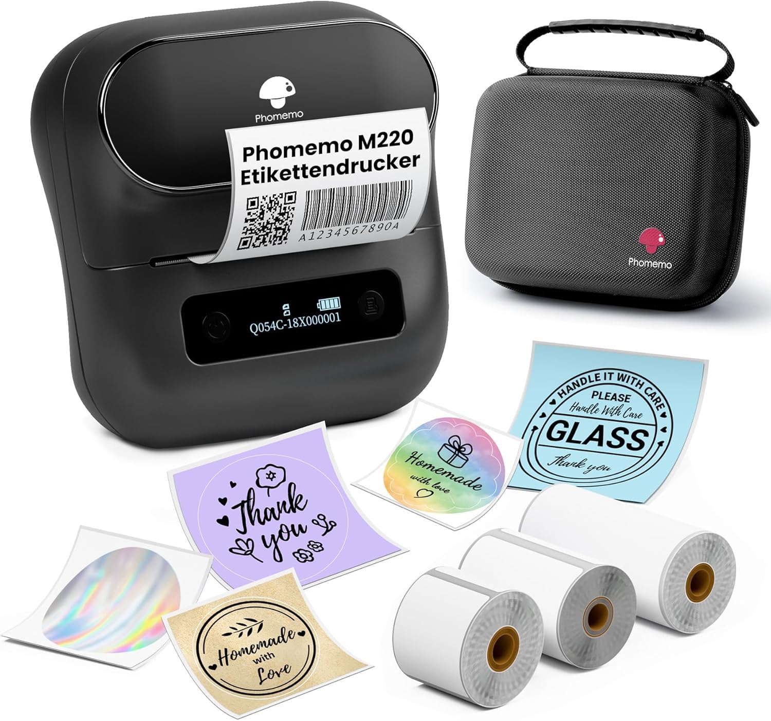 Phomemo M220 Etikettendrucker, Bluetooth Thermo Etikettenmacher,Tragbarer Etikettiergerät für Kleinunternehmen,Haushalt,Schule,Aufkleber Drucker mit 3 Rollen Selbstklebend Etiketten und 1 Etui