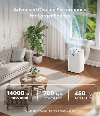 14,000 BTU Portable Air Conditioner, Cools up to 700 Sq.Ft, 3-in-1 Modes, Voice & Remote Control, Quiet Operation, Light Yellow