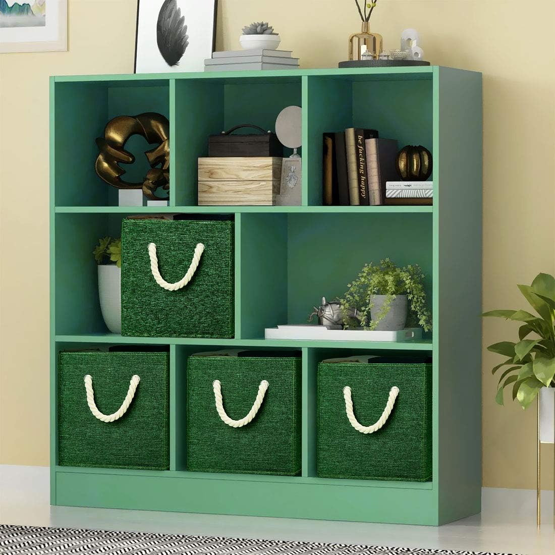 i BKGOO Foldable Storage Cube Bins Green Linen Fabric Collapsible Resistant Basket Box Organizer with Cotton Rope Handle for Home Office and Nursery 10.5x10.5x11 inch