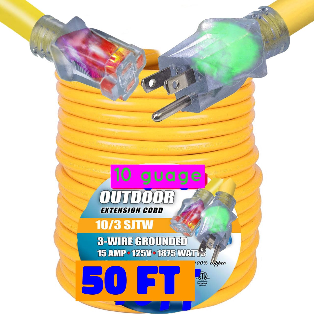 Pizety 50 ft Extension Cord 10/3 – Heavy Duty Outdoor Power Cable, 10 Gauge, 15 Amp, 125V/1875W, Lighted Ends, Weather-Resistant SJTW, UL Listed, 3-