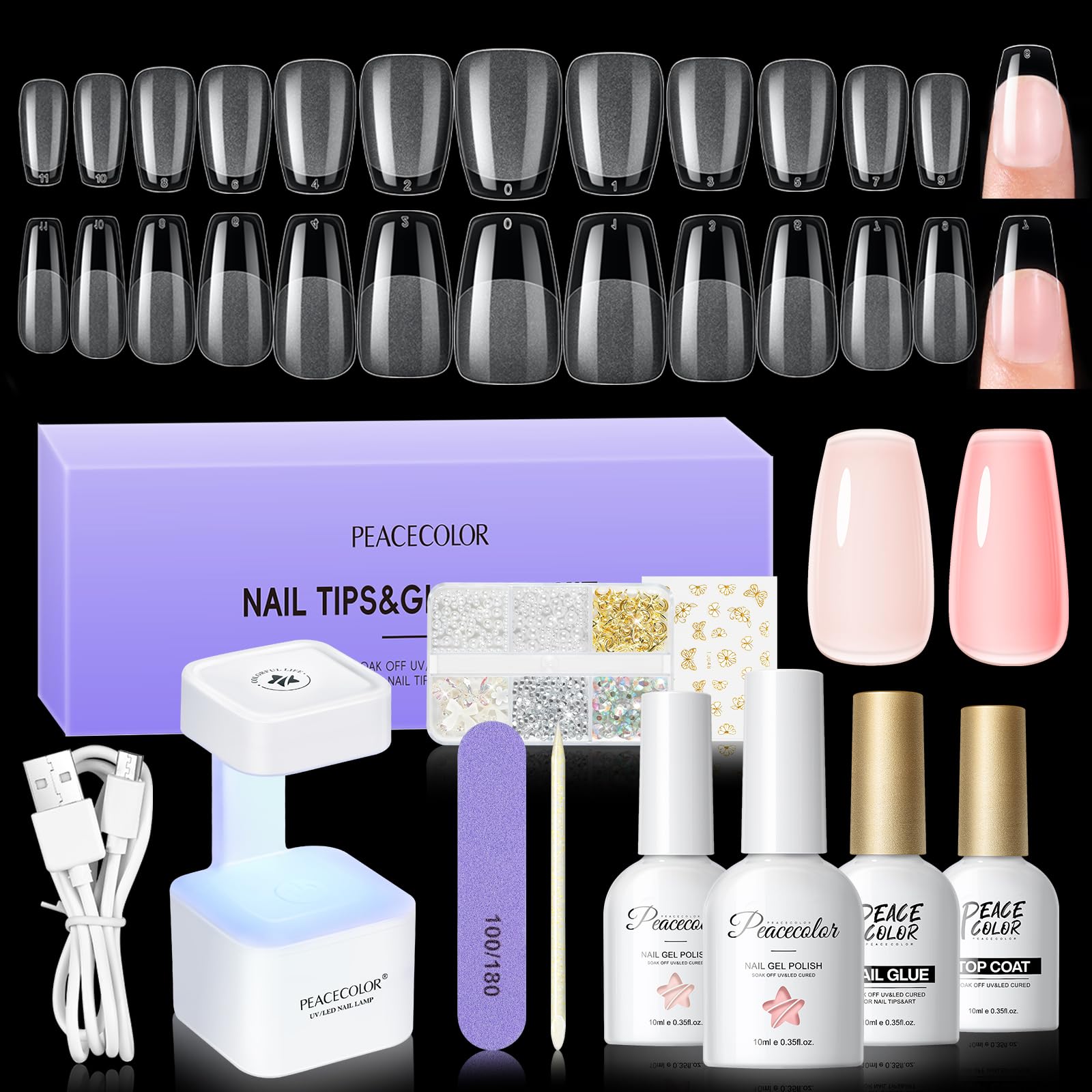 Photo 1 of PEACECOLOR Gel Nail Kit, 240Pcs Short Medium Coffin Nail Tips with U V Lamp 2 Colors Jelly Gel Polish Top Coat Glue Nail Art Extension Set Gifts for Women DIY Home Salon