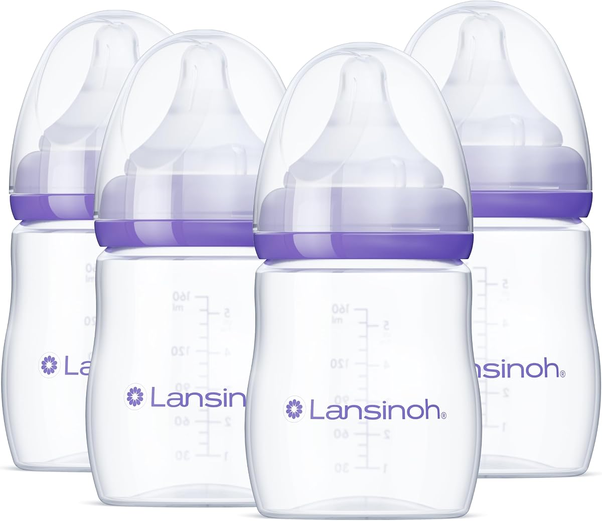 Lansinoh Anti-Colic Baby Bottles, BPA-Free Plastic, 5 Ounces, 4 Count, Extra Slow Flow Nipples (Size XS), Breastfeeding Bottle with NaturalWave Design