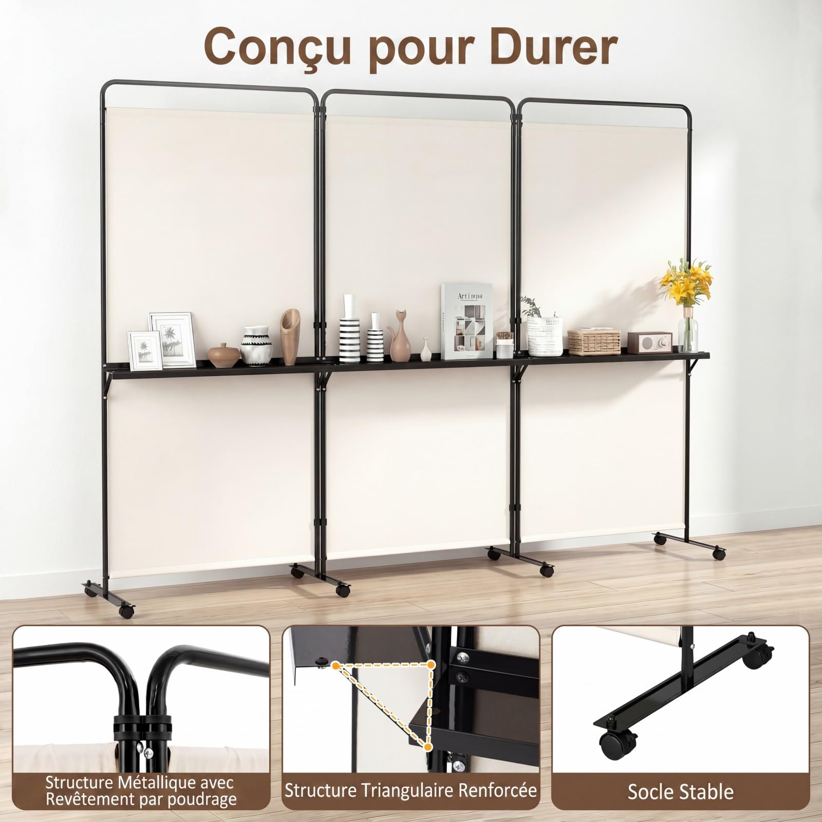 COSTWAY Paravent Interieur 3 Panneaux 259x188cm, 3 Étagères en Métal, Blanc