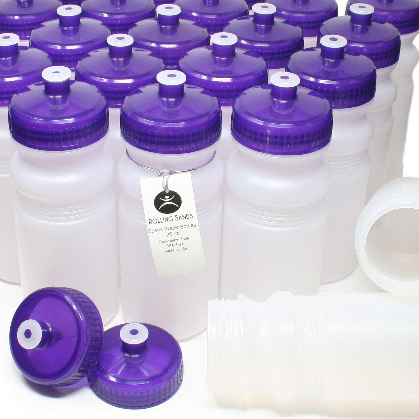 Rolling Sands Reusable Bulk Water Bottles 100 Pack - 20 Oz Sports Water Bottles USA Made BPA-Free Wide