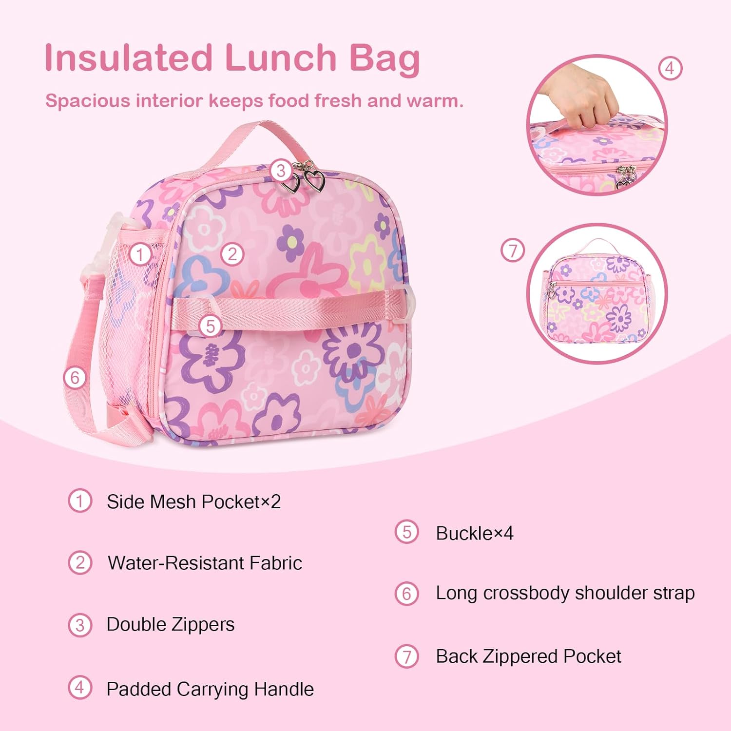 Rexmore 3Pcs Girls Backpack Set with Lunch Box & Pencil Case – Water-Resistant Flower Print Kids Backpack for Elementary, Middle School, Camping & Travel Gifts (Pink) - Image 6