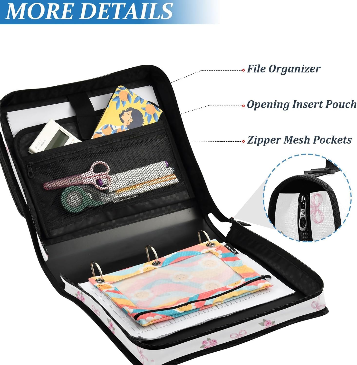Pink Rose Ribbons Leaves Zipper Binder with Shoulder Strap Trapper Keeper 3 Ring Binder Organizer Large Capacity Multiple Compartments for School Office