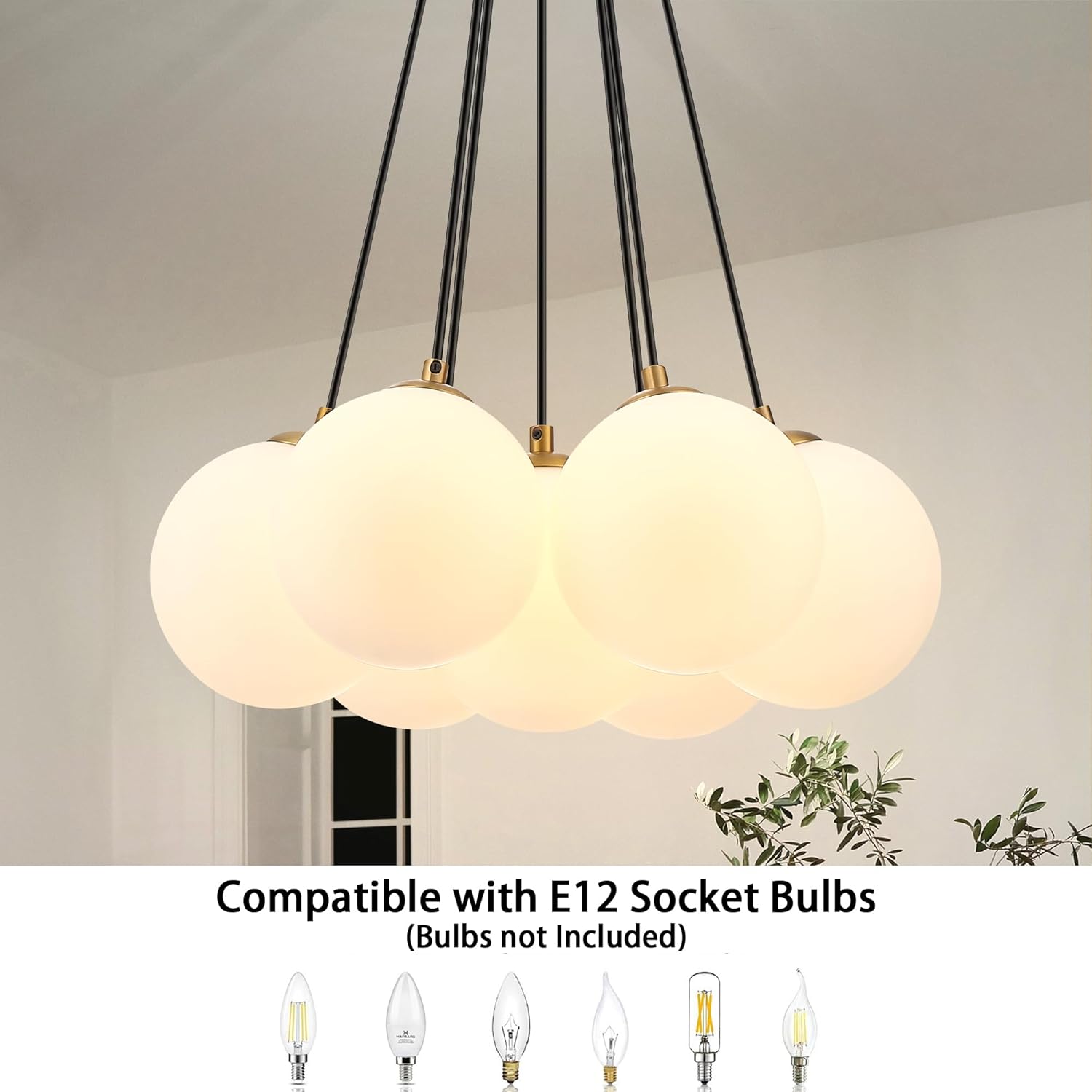 MEXO Modern Sputnik Glass Chandelier,Opal White Globe Pendant Light, Gold Sputnik Bubble Glass Ceiling Light Chandelier for Bedroom, Living Room & Dining Room