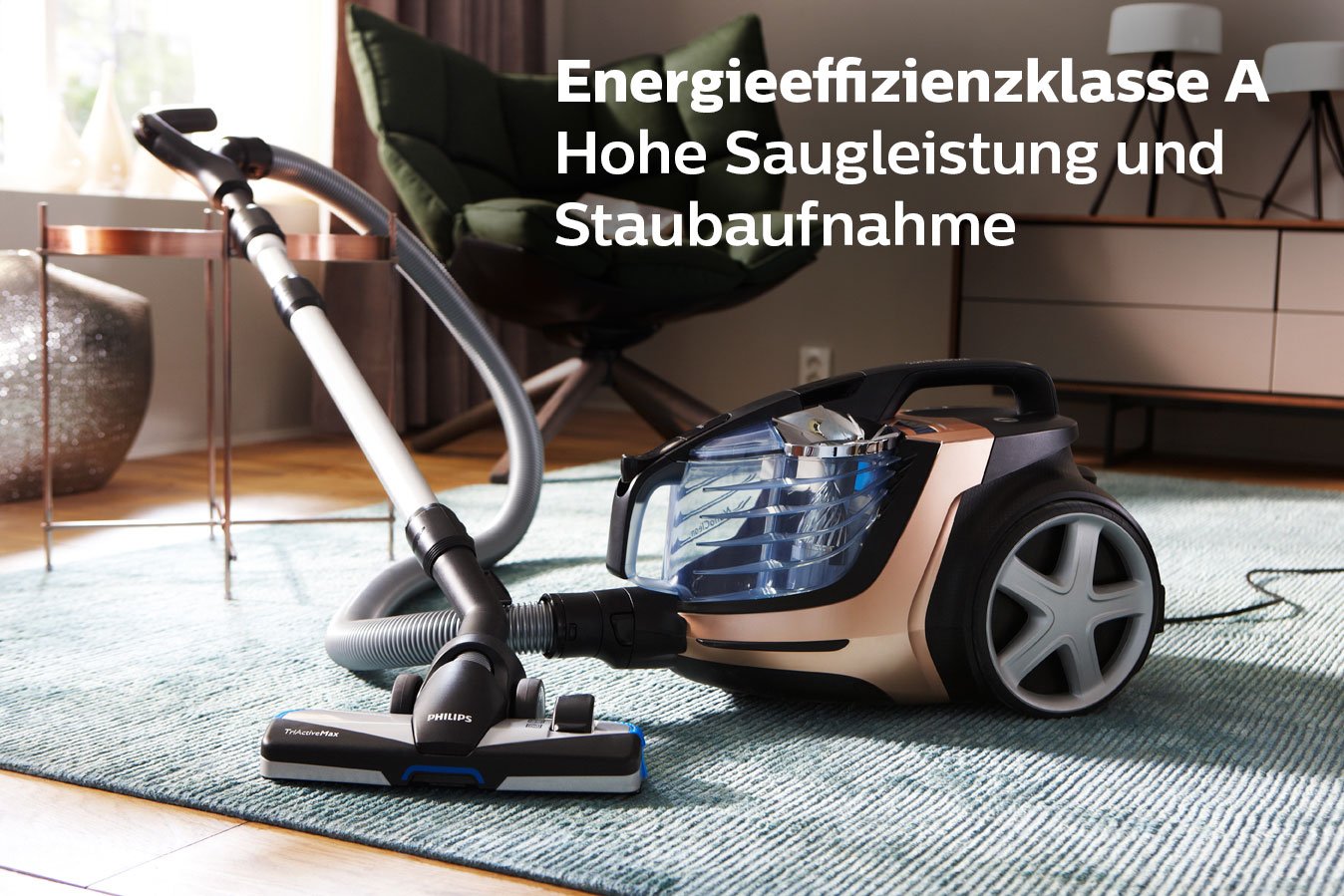 Philips beutteloser Staubsauger PowerPro Ultimate (AAA-Energie-Label, 650 W, 2,2 L Staubvolumen, Turbodüse für Tierhaare, kupfer) FC9922/09
