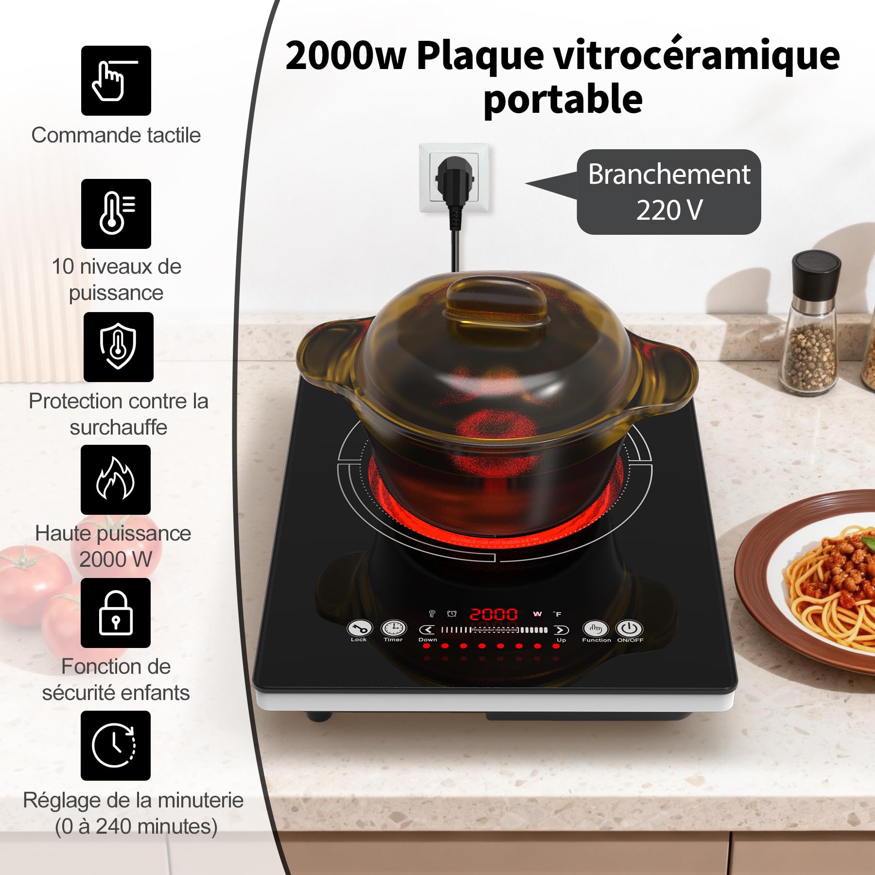 GIHETKUT plaque vitrocéramique 1 feu, 220V 2000W plaque vitrocéramique mit LED-Touch-Steuerung, 10 niveaux de puissance, minuterie 4 heures, verrouillage de sécurité, portable tables de cuisson