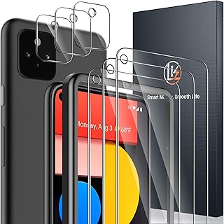 [3+3Pack] LK 3 Pack Google Pixel 5 Screen Protector with 3 Pack Camera Lens Protector, Anti-Scratch, Easy-Installation Tool, 9H Hardness Tempered Glass