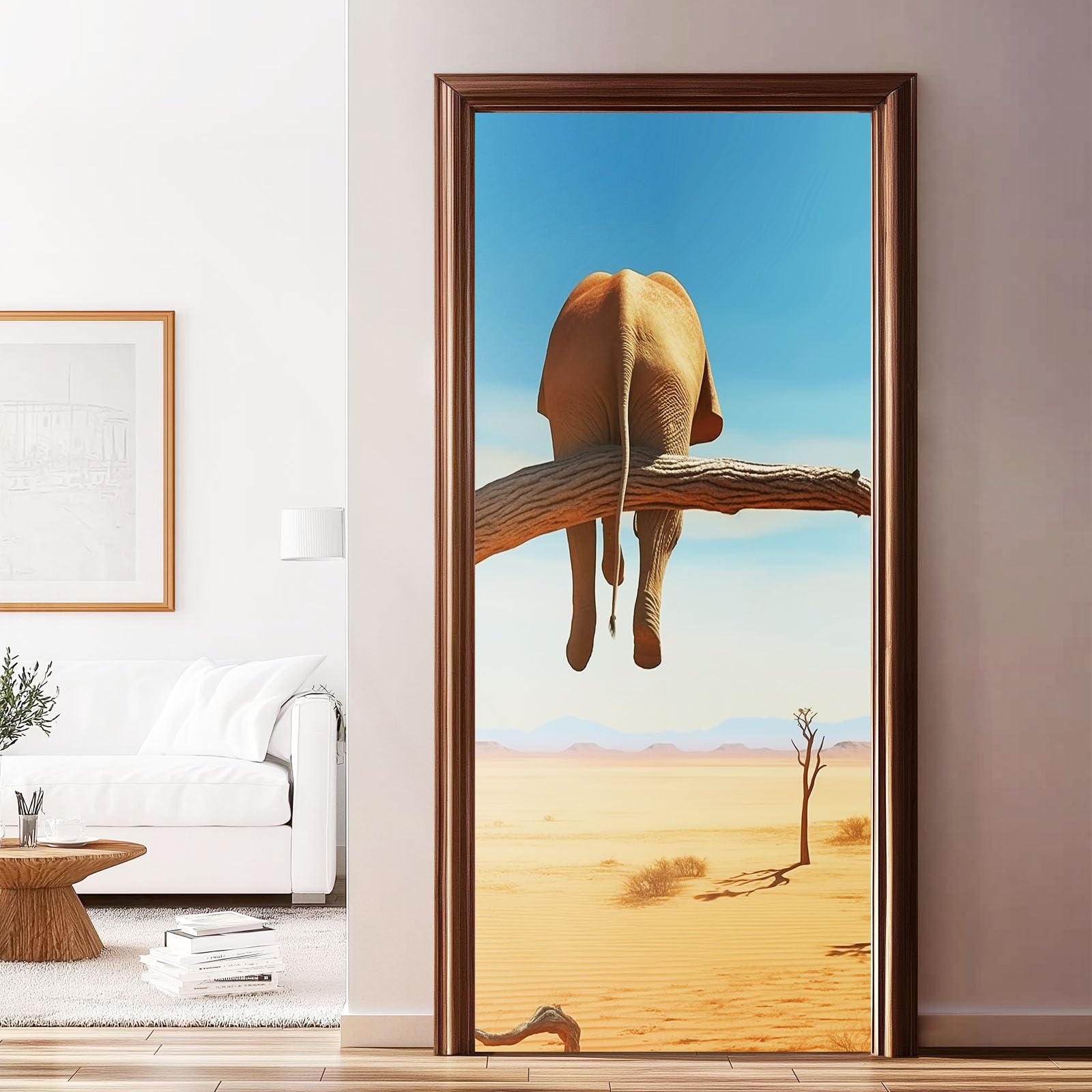 Animal Elephant - Poster adesivo per porta, autoadesivo, da parete, motivo: natura dune, cielo, blu marrone, adesivi per porta in PVC, per camera da letto, soggiorno, cucina, 95 x 215 cm