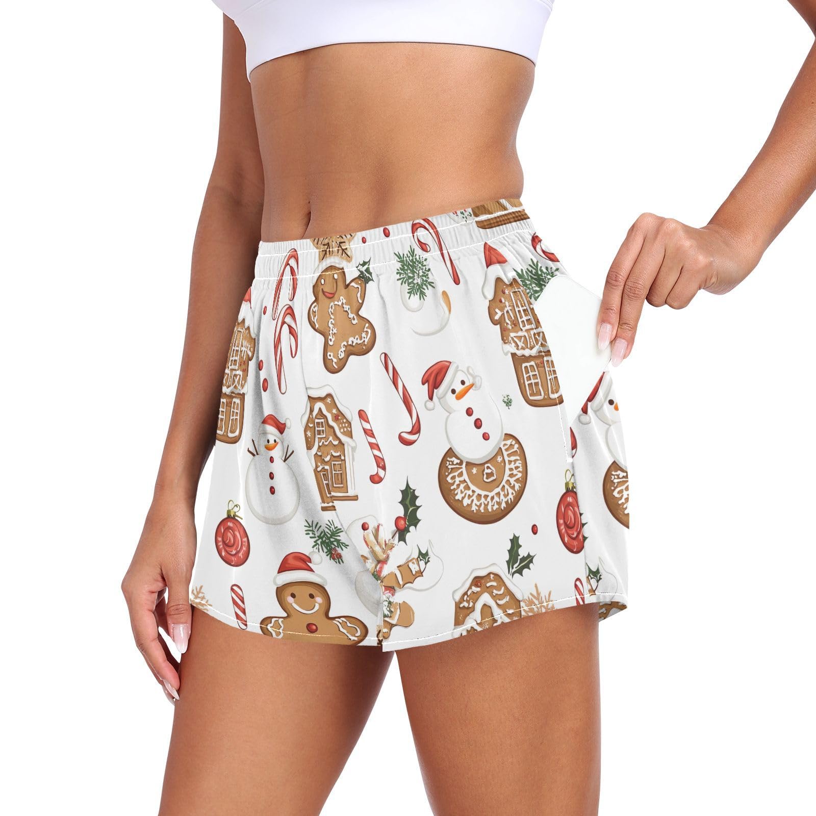 UMIRIKO Women's Athletic Shorts Gingerbread Cookies Christmas Running Shorts Sporty Short Gym Elastic Workout Shorts 202b7064