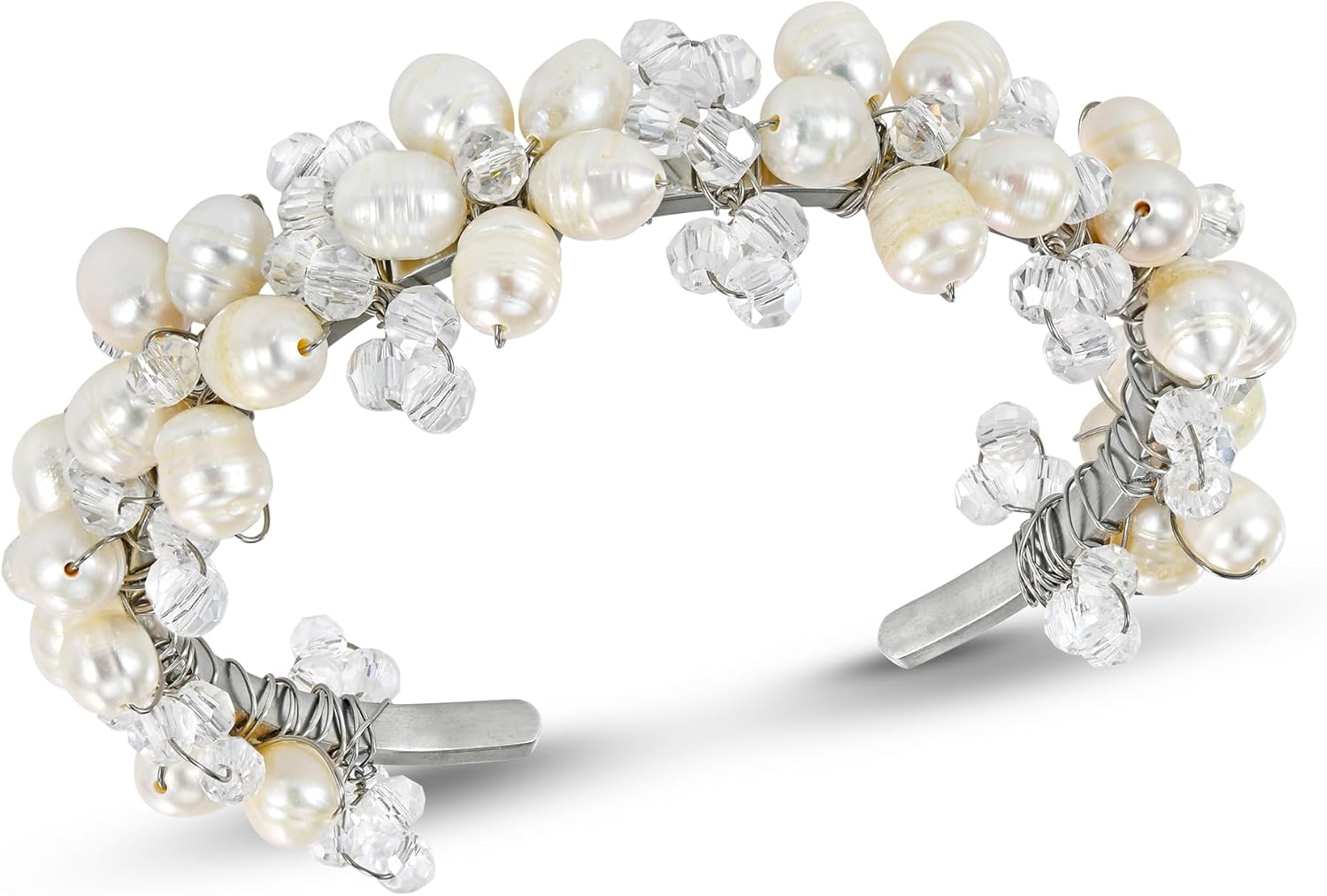 AeraVida Elegantly Handcrafted Cultured Freshwater White Pearl & Crystal Flowers Cuff Bracelet | Statement Floral Bracelet for Women | Fashion Jewelry