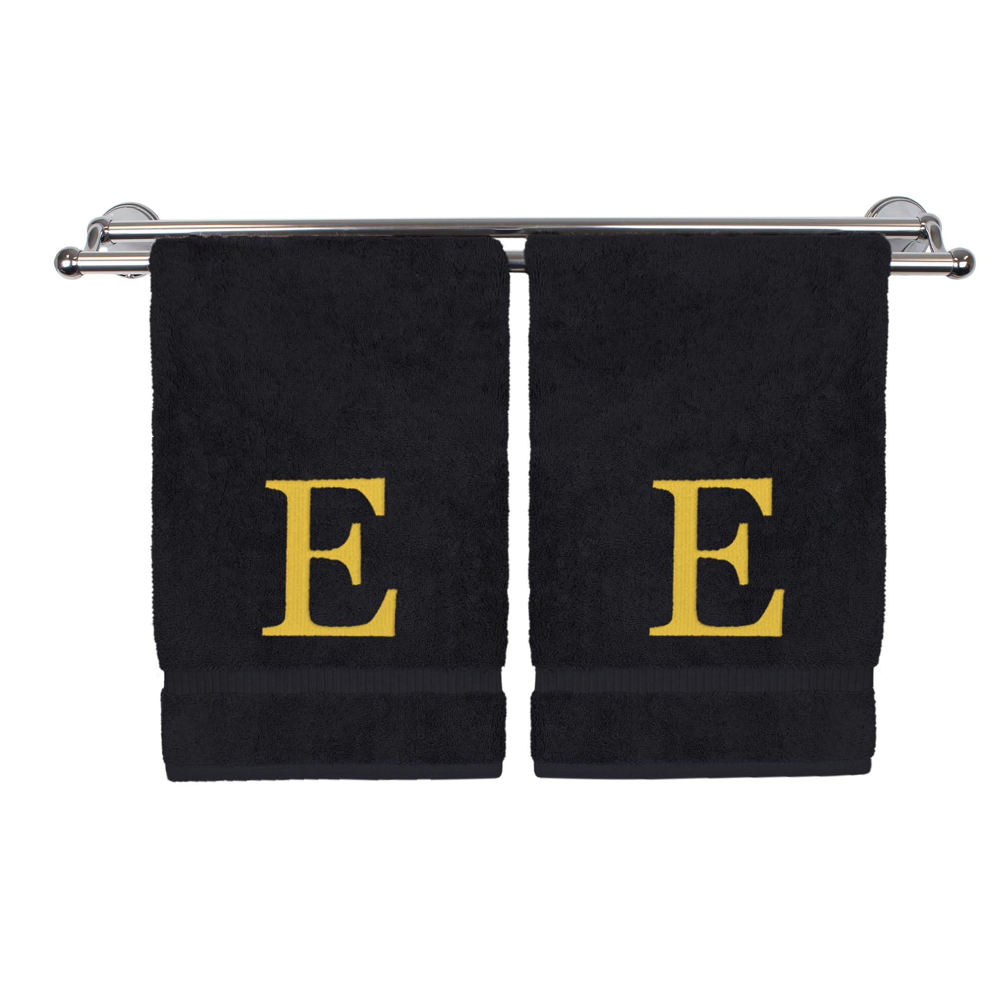 Toalla de mano con monograma, regalo personalizado, juego de 2 toallas bordadas con letras de bloque dorado, extra absorbente, 100% algodón turco, acabado de rizo suave, inicial E, negro