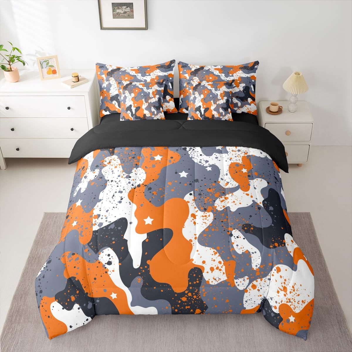jejeloiu Camo Comforter Set with Sheets 7 Piece Full Size Army Camouflage Bedding Set Colorful Pattern Style Bed in a Bag Orange Room Decor Lightweight Microfiber