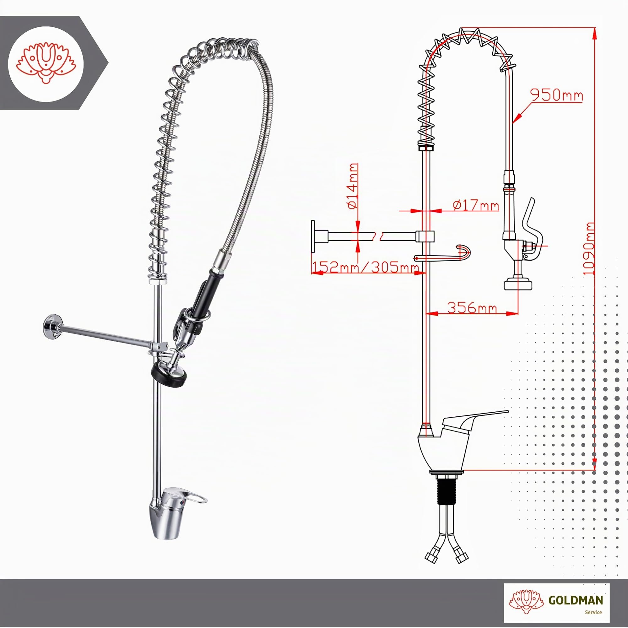 GOLDMAN SERVICE Grifo Industrial Hostelería Monomando Extensible para Fregadero Lavabo de Cocina, Manguera Flexible y Alcachofa con Potente Spray Pulverizador