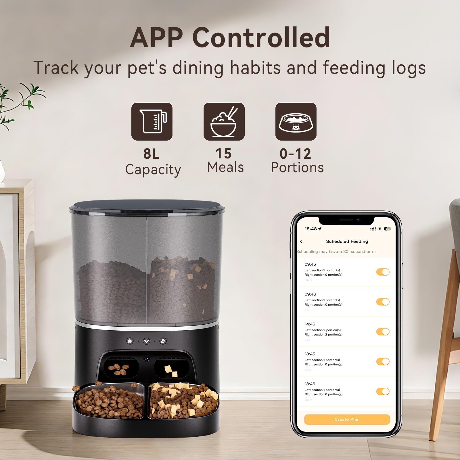 8L Comedero Gato Automático Doble con Cámara 1080P 160°,Acero Inoxidable Diseño Antiobstrucción App Control, WiFi 5G/2.4G Control Remoto Rudio Bidireccional para Múltiples Gatos