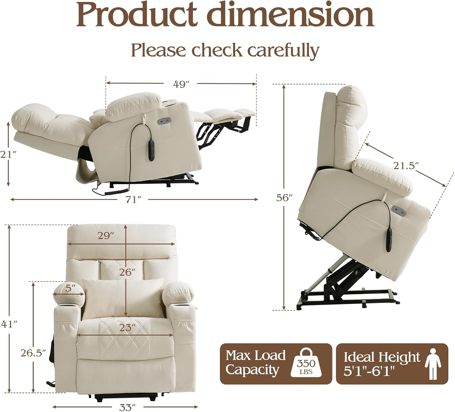 Power Lift Recliner Chair for Elderly with Extended Footrest, Infinite Position Lay Flat Recliner Chair for Adult W/Massage & Heating, Adjustable Headrest, 3-Motor Zero Gravity,Cup Holder, Fabric