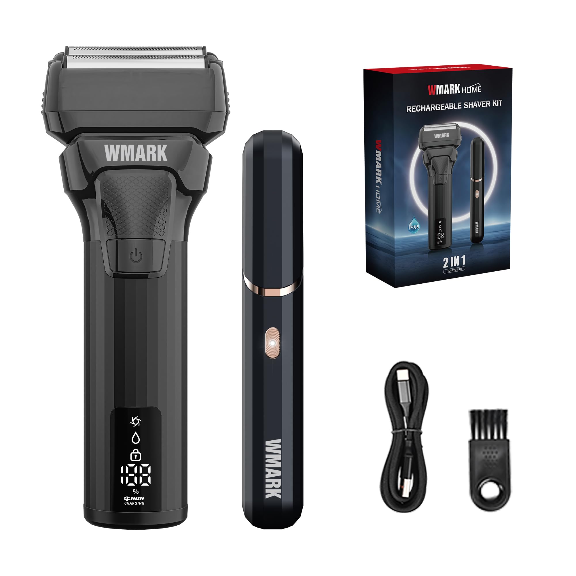 WMARK Kit de afeitado recargable de 2 piezas, afeitadora 2 en 1 para hombre (2 cabezales flotantes alternativos) y recortadora de nariz/orejas (10000 RPM), cubierta de rejilla desmontable fácil de